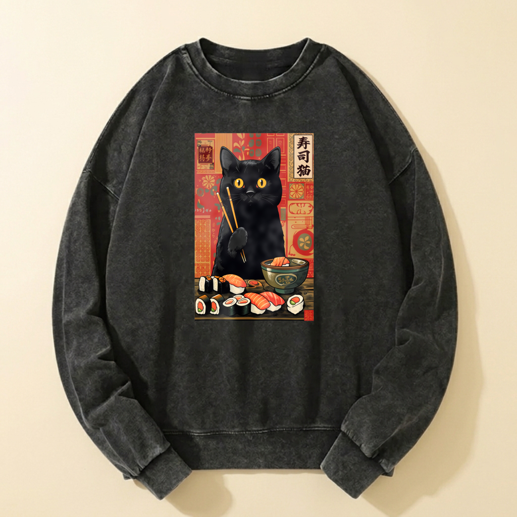Black Cat Sushi Art Sweatshirt Unisex Crewneck Long Sleeve Graphic Pullover Casual Wear