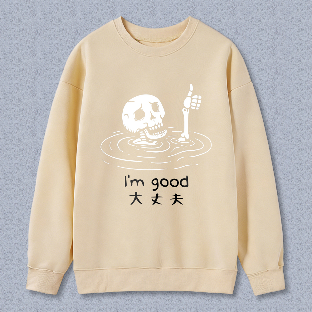 Skeleton In Water Thumbs Up Sweatshirt Good Day Design Black Crewneck Pullover