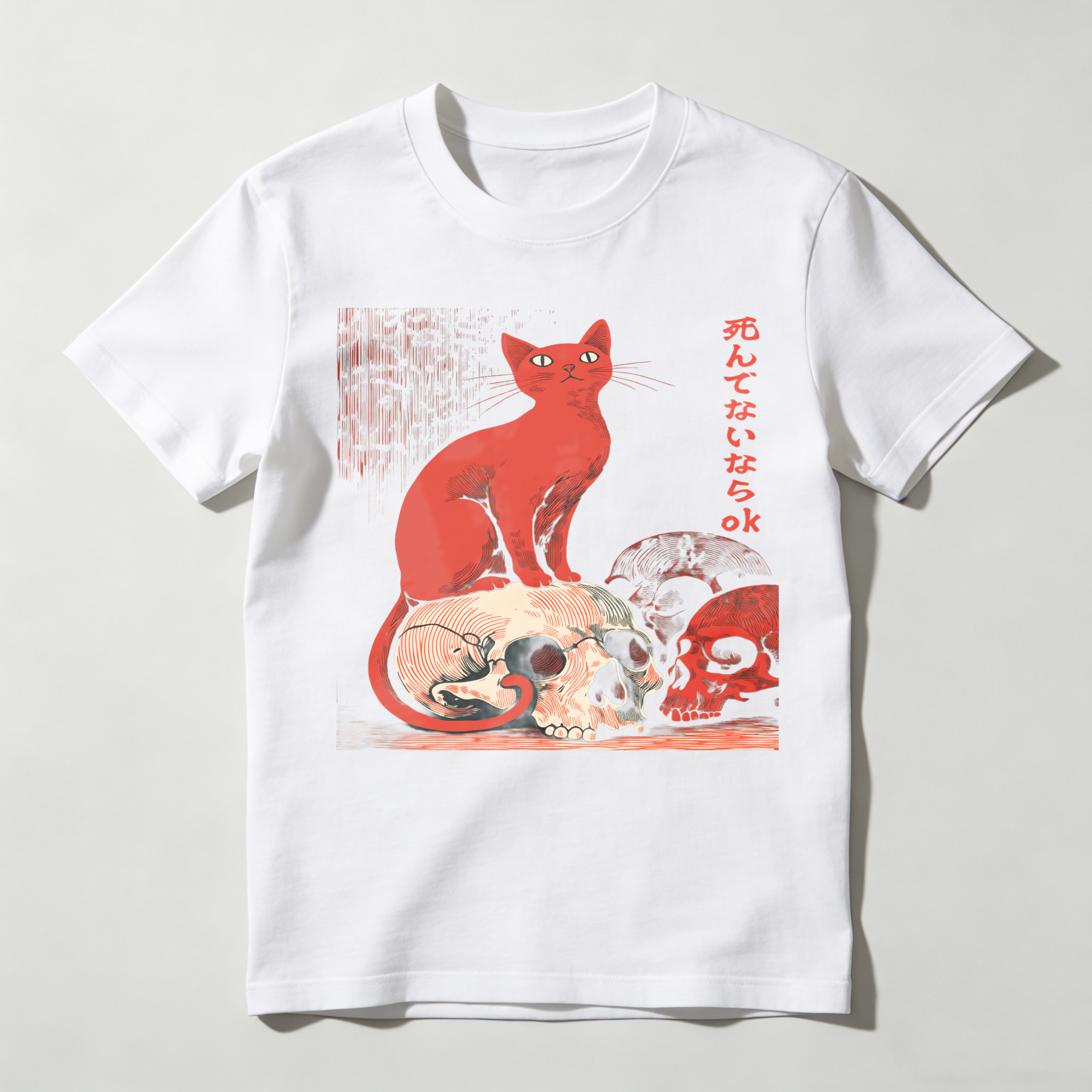 Red Cat Sitting On Skulls With Japanese Text tshirt 100% cotton