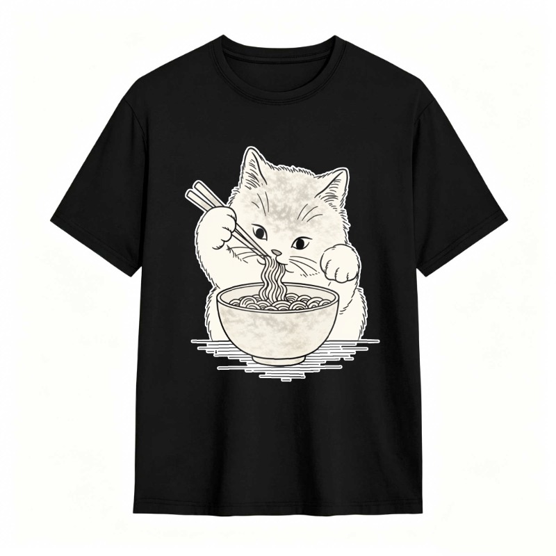 Cat Eating Noodles With Chopsticks tshirt 100% cotton