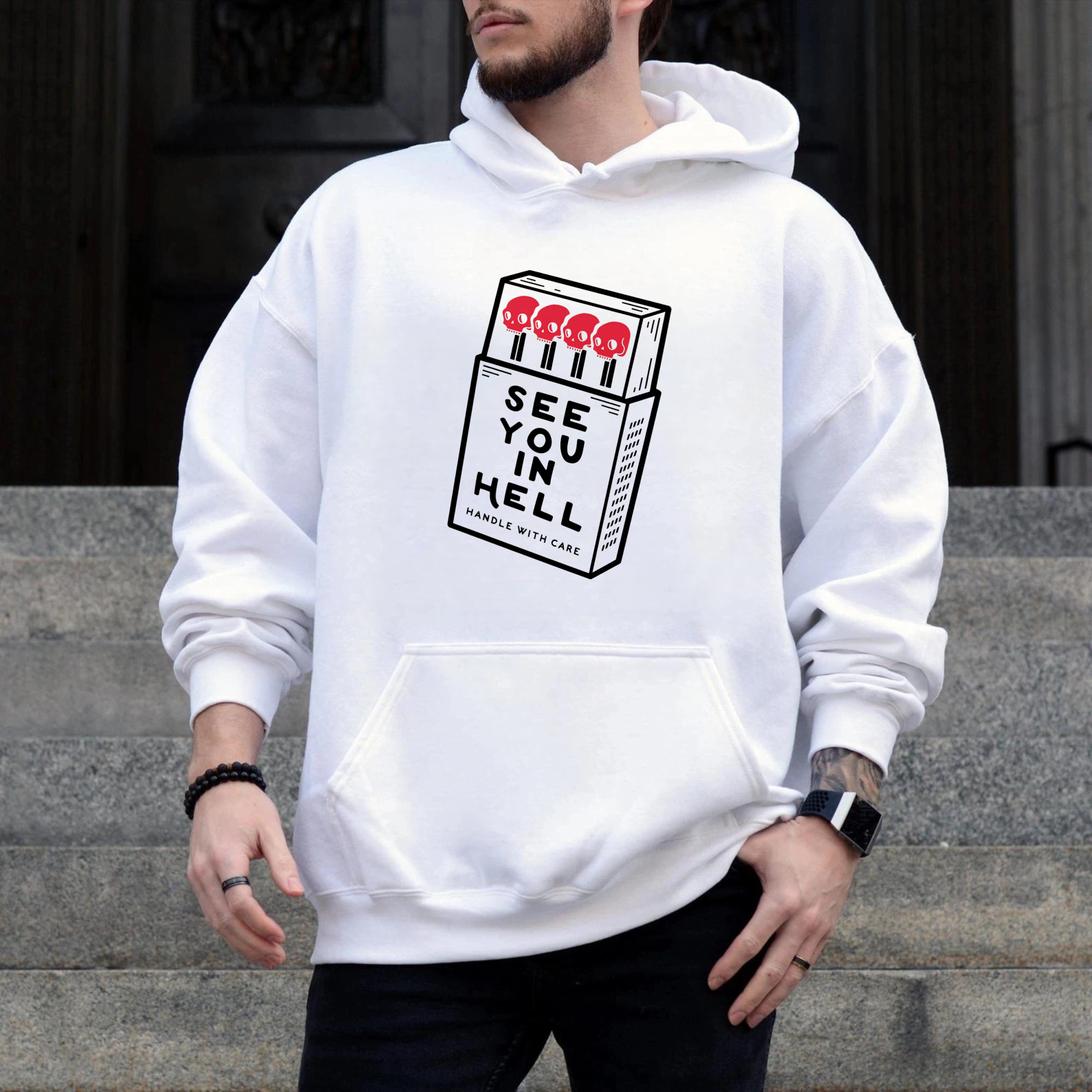 See You In Hell Matchbox Design Hoodie Black Sweatshirt With Pocket And Drawstring Cap