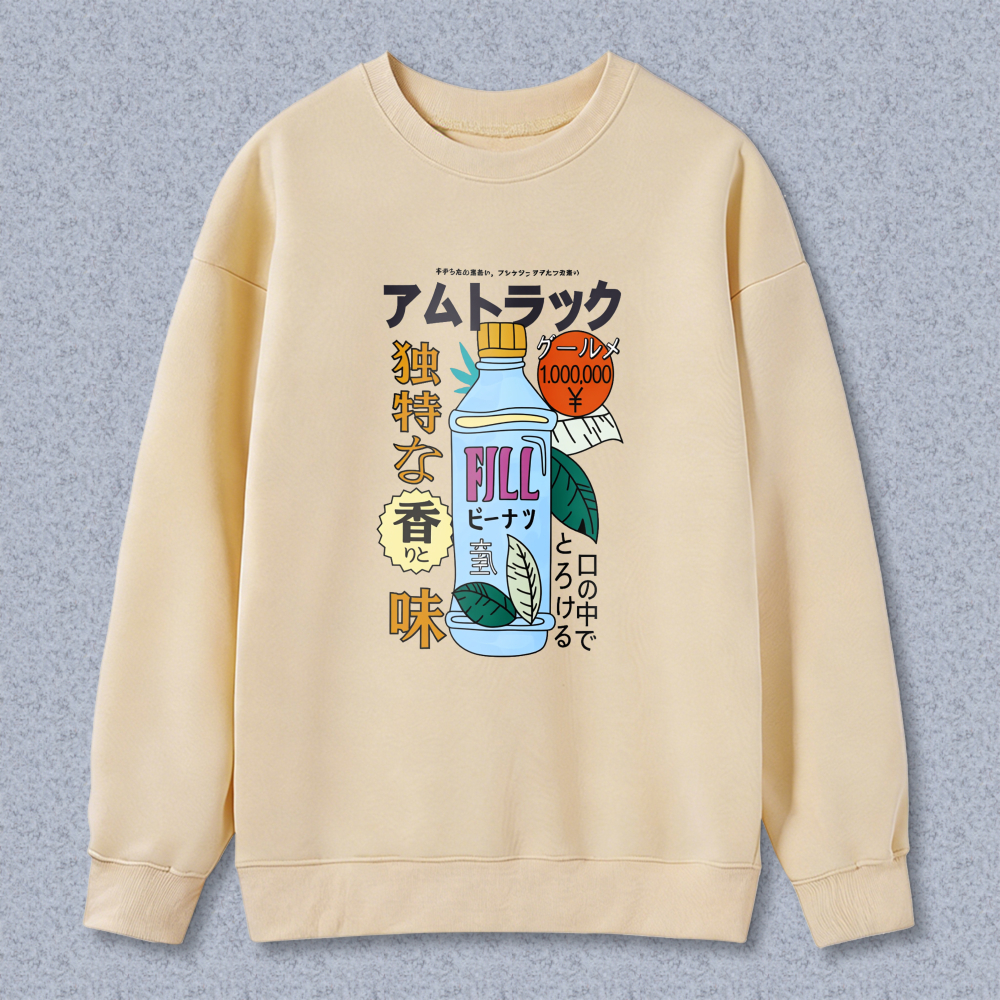 Japanese Style Pill Bottle Graphic Sweatshirt Unique Flavor Design Casual Long Sleeve Top