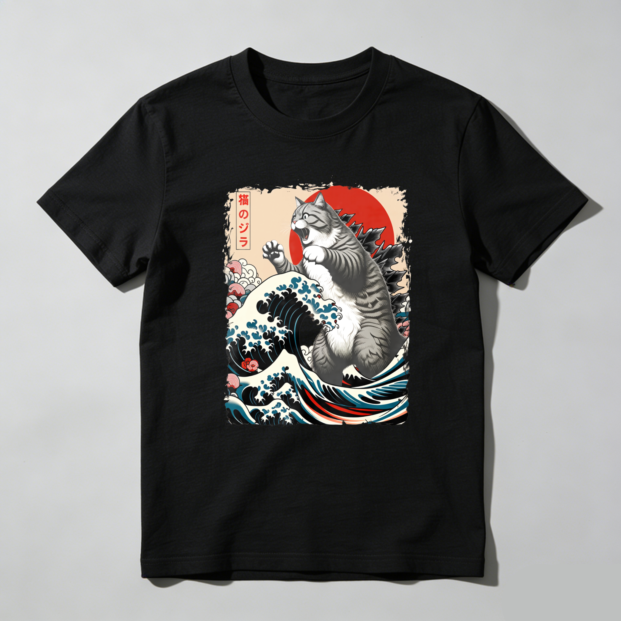 Cat Godzilla Wave Sunset Mountains Cherry Blossoms tshirt 100% cotton