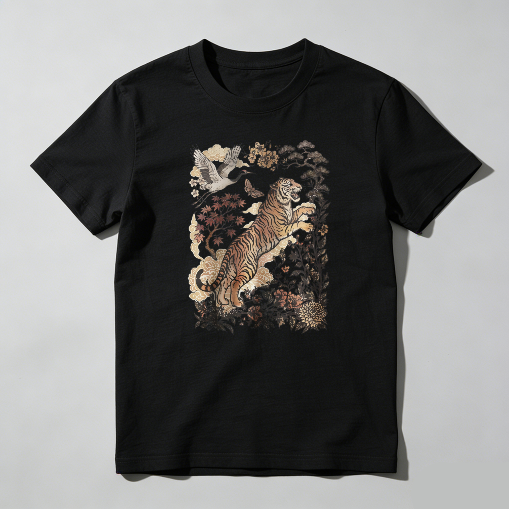 Tiger Leaping Among Flowers And Birds tshirt 100% cotton