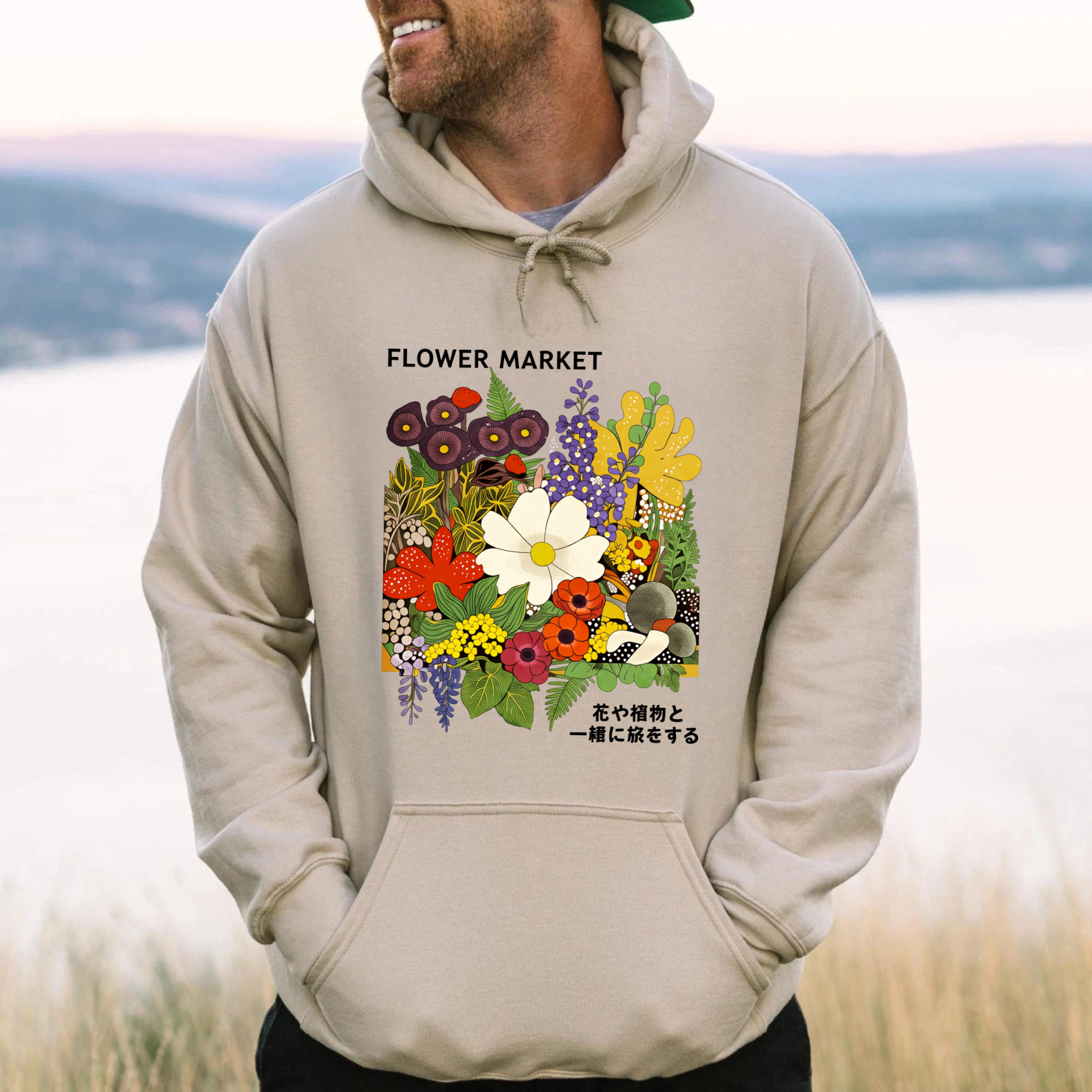 Flower Market Hoodie Floral Design Black Sweatshirt Unisex Casual Wear