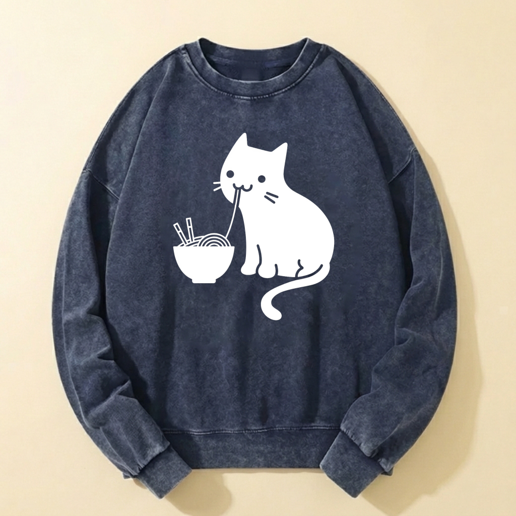 Cute Cat Eating Noodles Sweatshirt Unisex Casual Long Sleeve Pullover Top