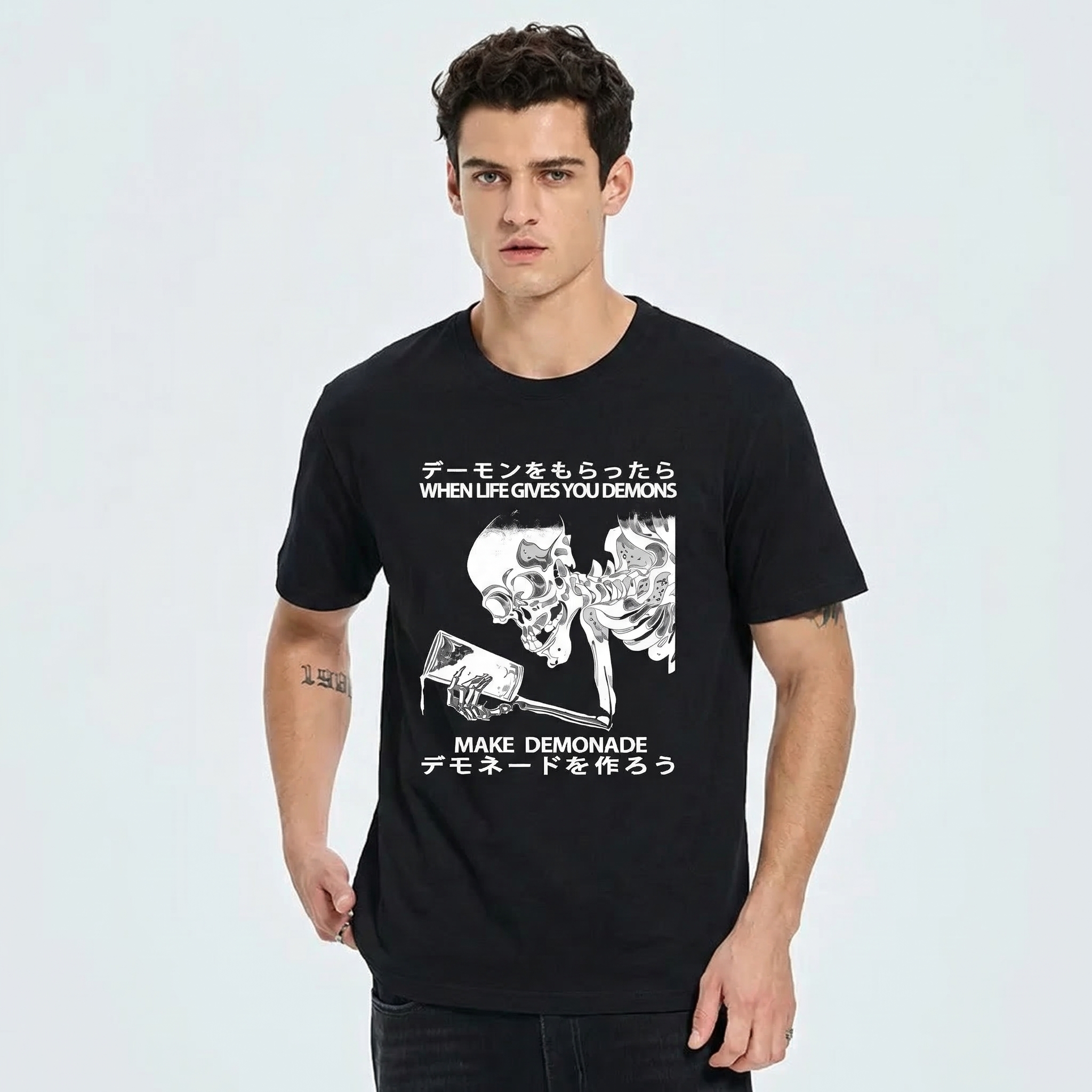 Demon Skeleton Holding Glass With Text tshirt 100% cotton
