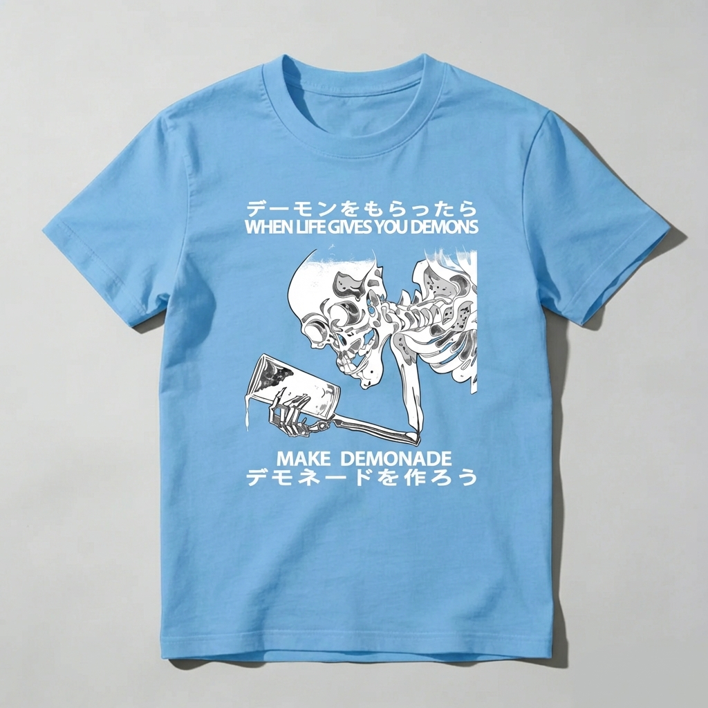 Demon Skeleton Holding Glass With Text tshirt 100% cotton