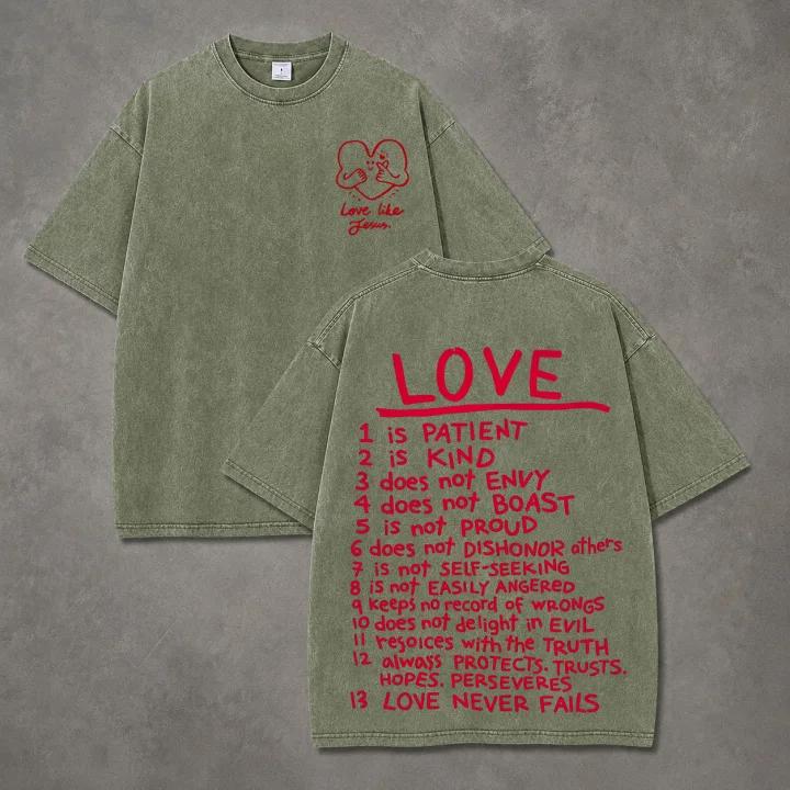 Vintage Cream Love Virtues Handwriting Graphic Washed T-Shirt