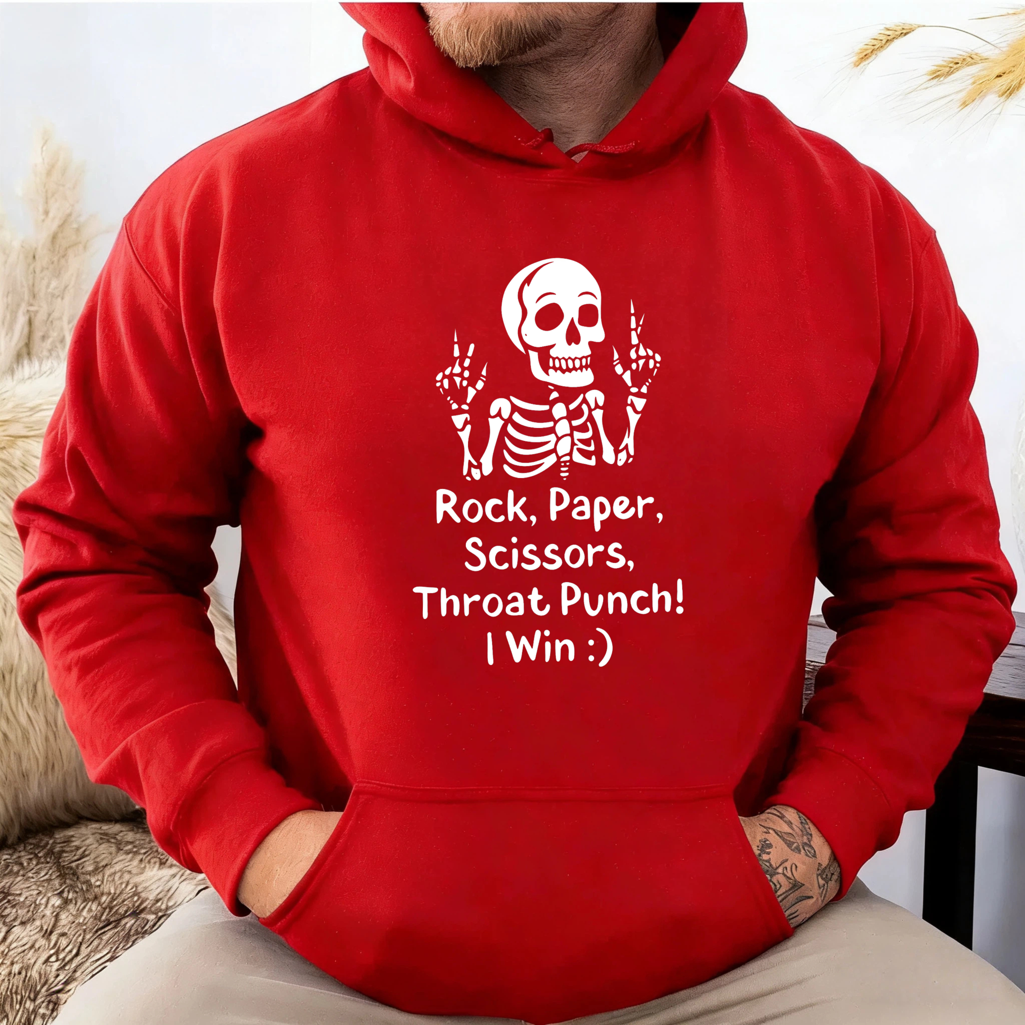 Skeleton Rock Paper Scissors Throat Punch I Win Hoodie Black Funny Sweatshirt