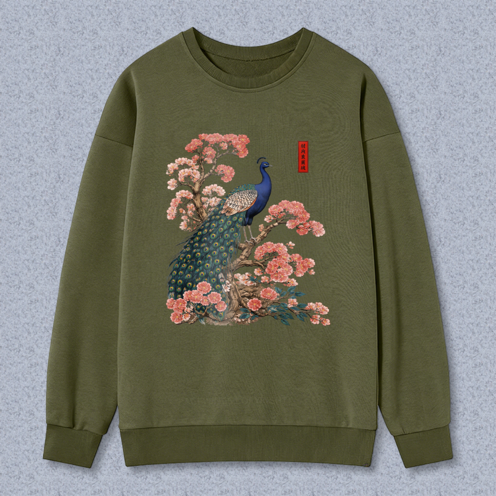 Peacock And Cherry Blossom Art Sweatshirt Unisex Crewneck Pullover Fashion Casual Top