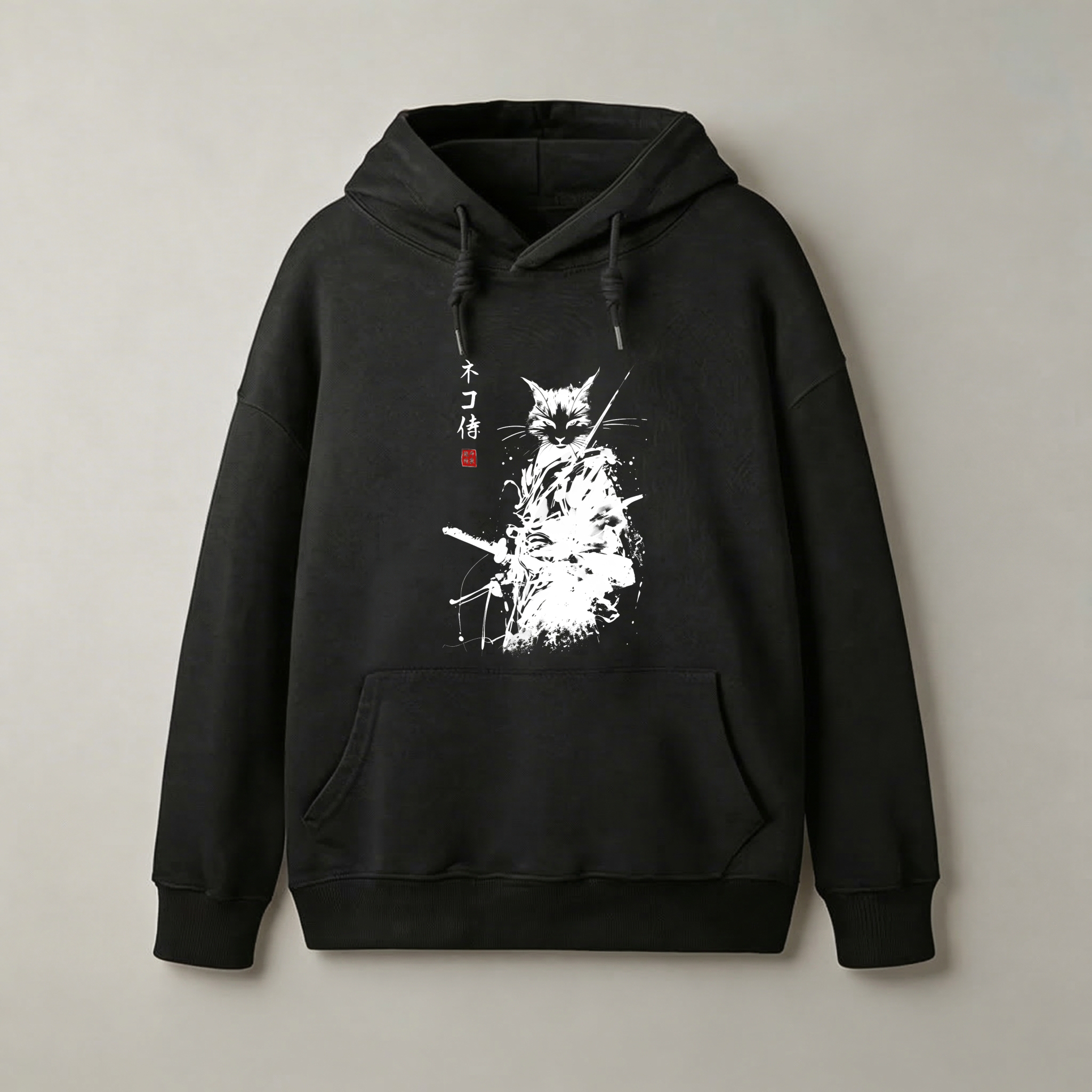 Cat Ninja Warrior Black Hoodie With Japanese Calligraphy Design For Men And Women