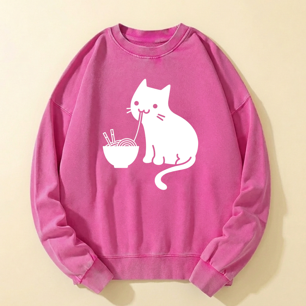 Cute Cat Eating Noodles Sweatshirt Unisex Casual Long Sleeve Pullover Top