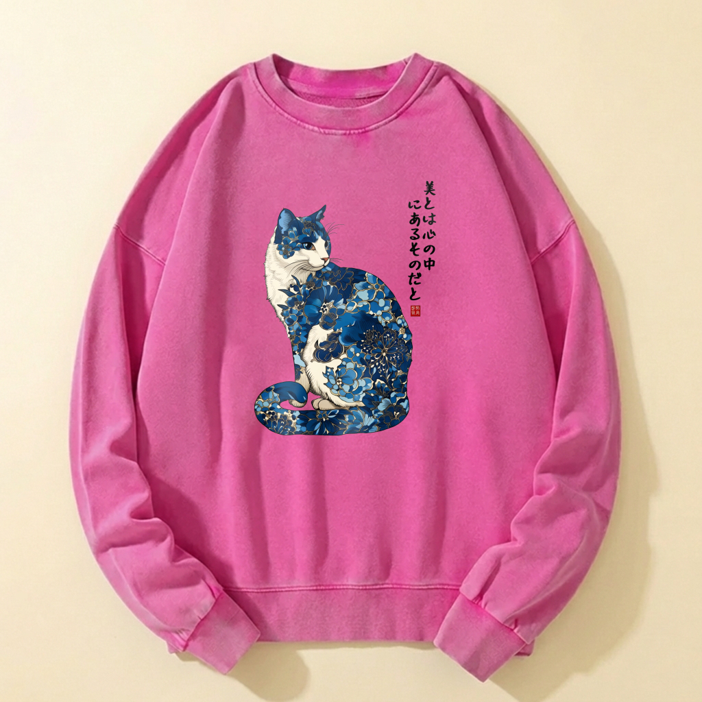 Japanese Cat Art Sweatshirt With Blue Floral Design For Men And Women Casual Wear Unisex Fashion Top