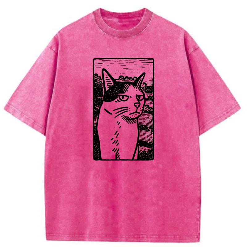 Cat Portrait In White Line Art Style tshirt 100% cotton