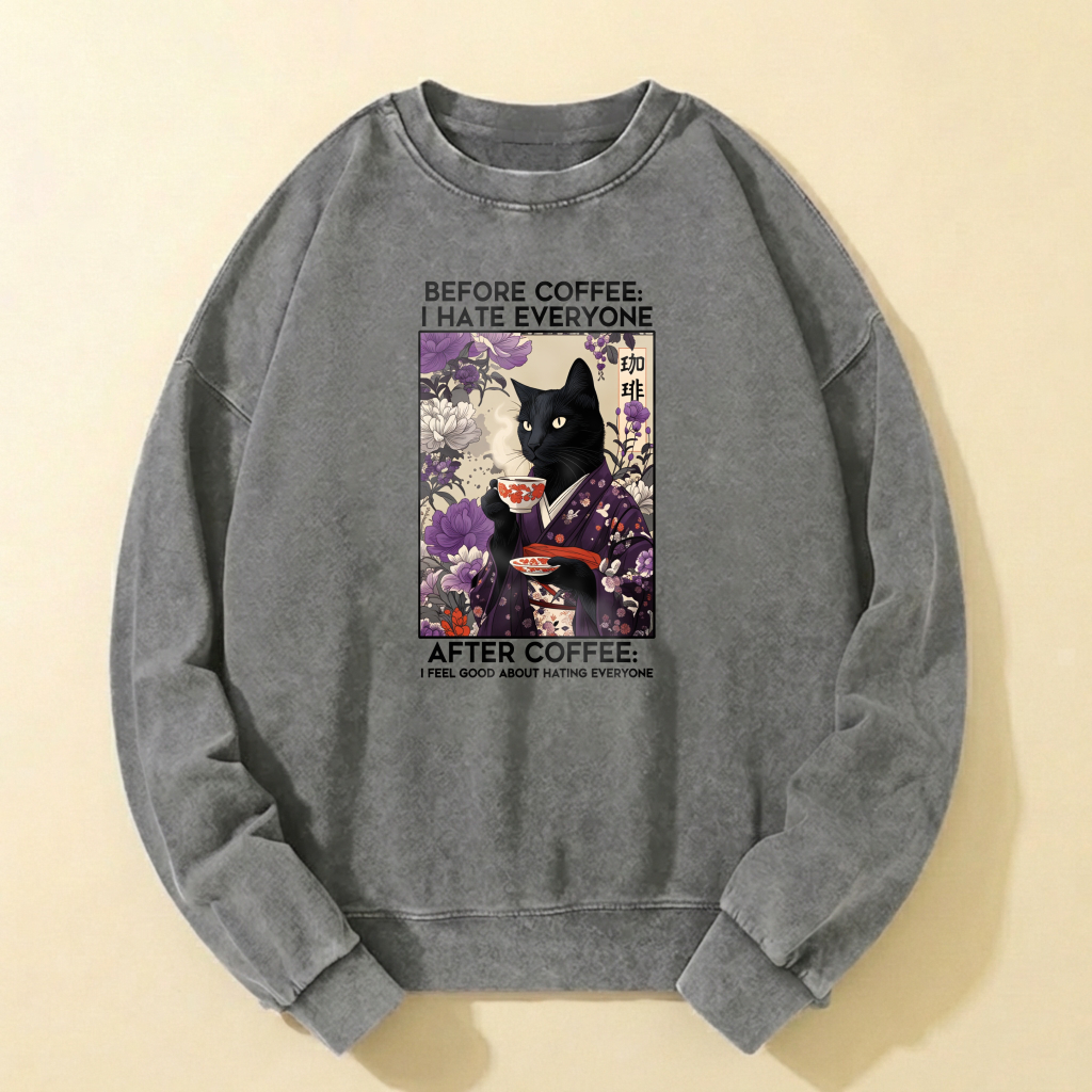 Black Cat In Kimono Coffee Art Sweatshirt Unisex Casual Crewneck Pullover Top