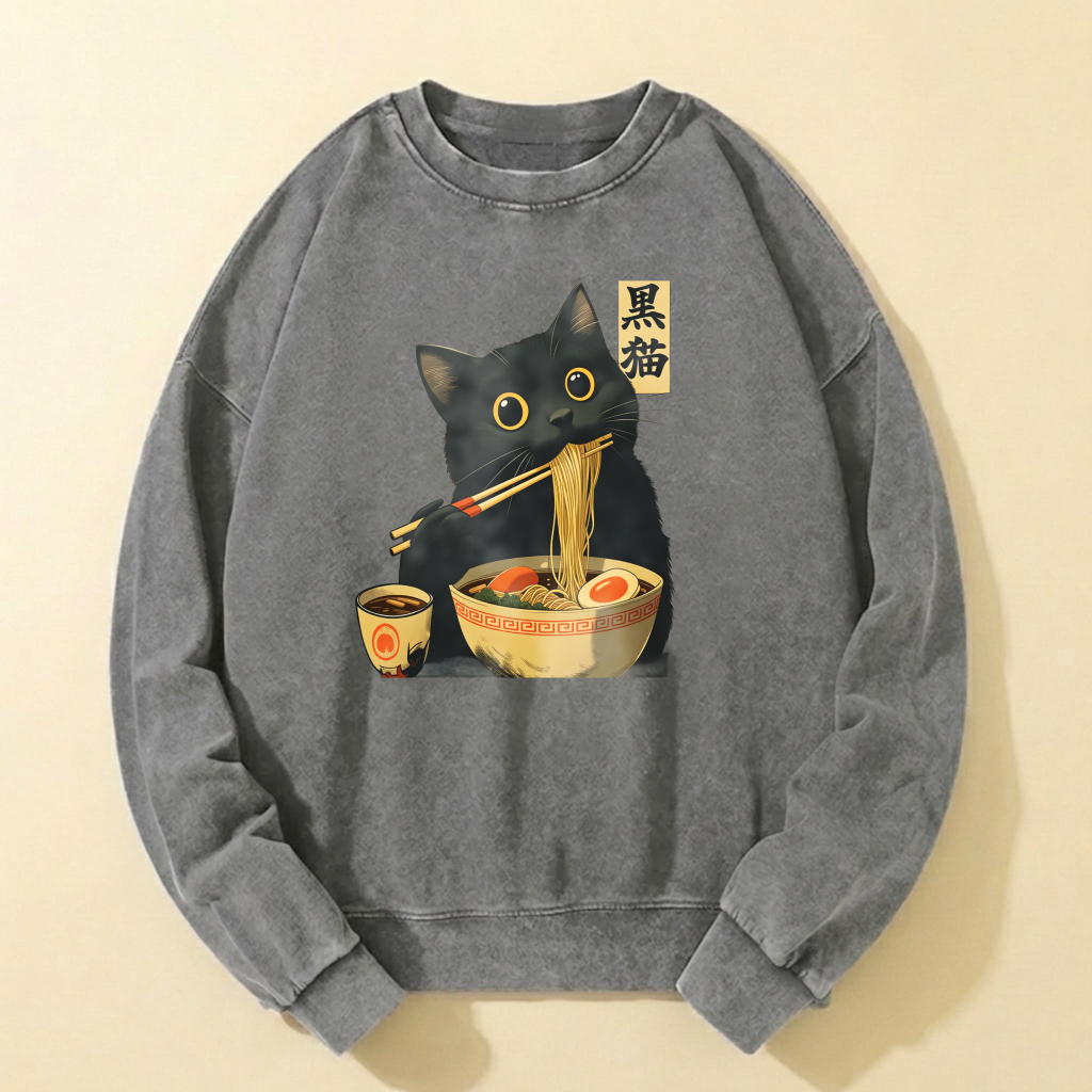 Black Cat Eating Ramen Sweatshirt Unisex Cotton Long Sleeve Pullover Casual Top With Japanese Style Design