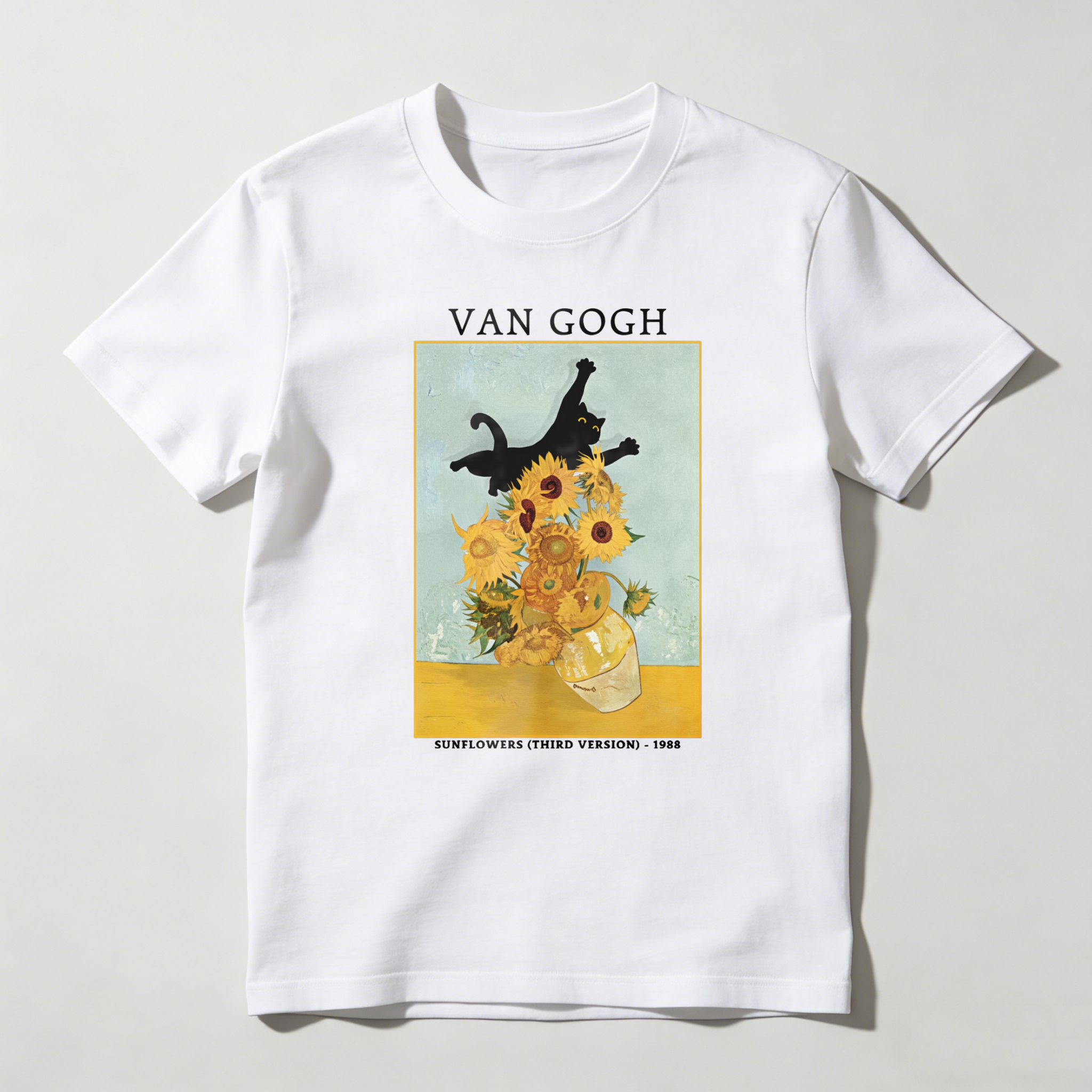 Cat Sunflowers Vase Art Painting Still Life tshirt 100% cotton