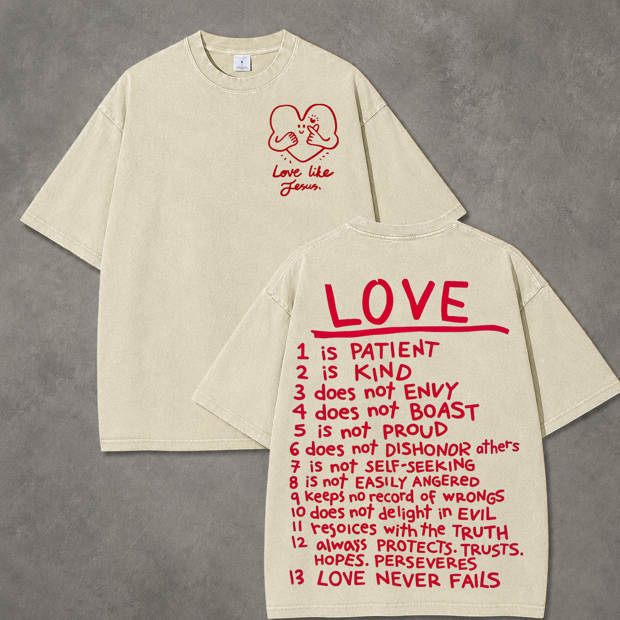 Vintage Cream Love Virtues Handwriting Graphic Washed T-Shirt