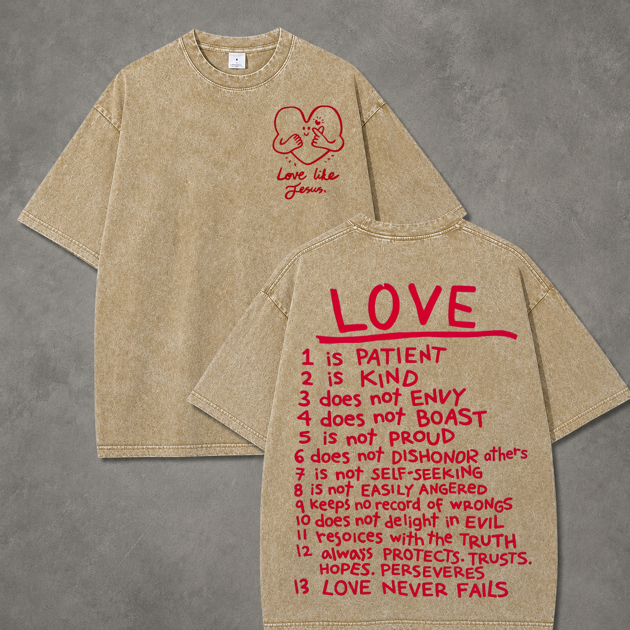 Vintage Cream Love Virtues Handwriting Graphic Washed T-Shirt