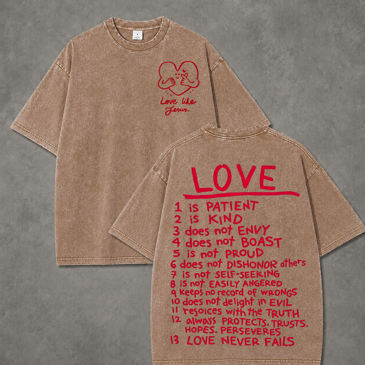 Vintage Cream Love Virtues Handwriting Graphic Washed T-Shirt