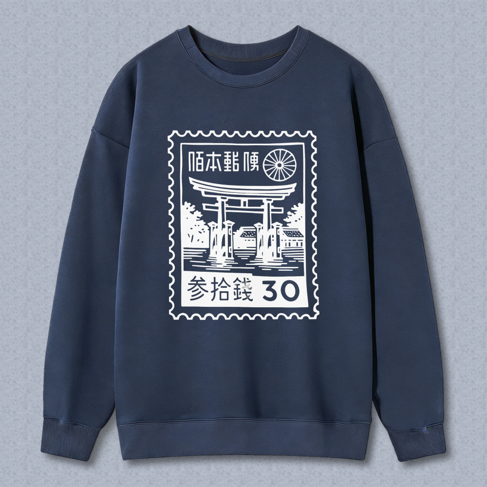 Japan Post Stamp Design Sweatshirt With Torii Gate And Traditional Motif 30 Sen Print Black Crewneck Pullover