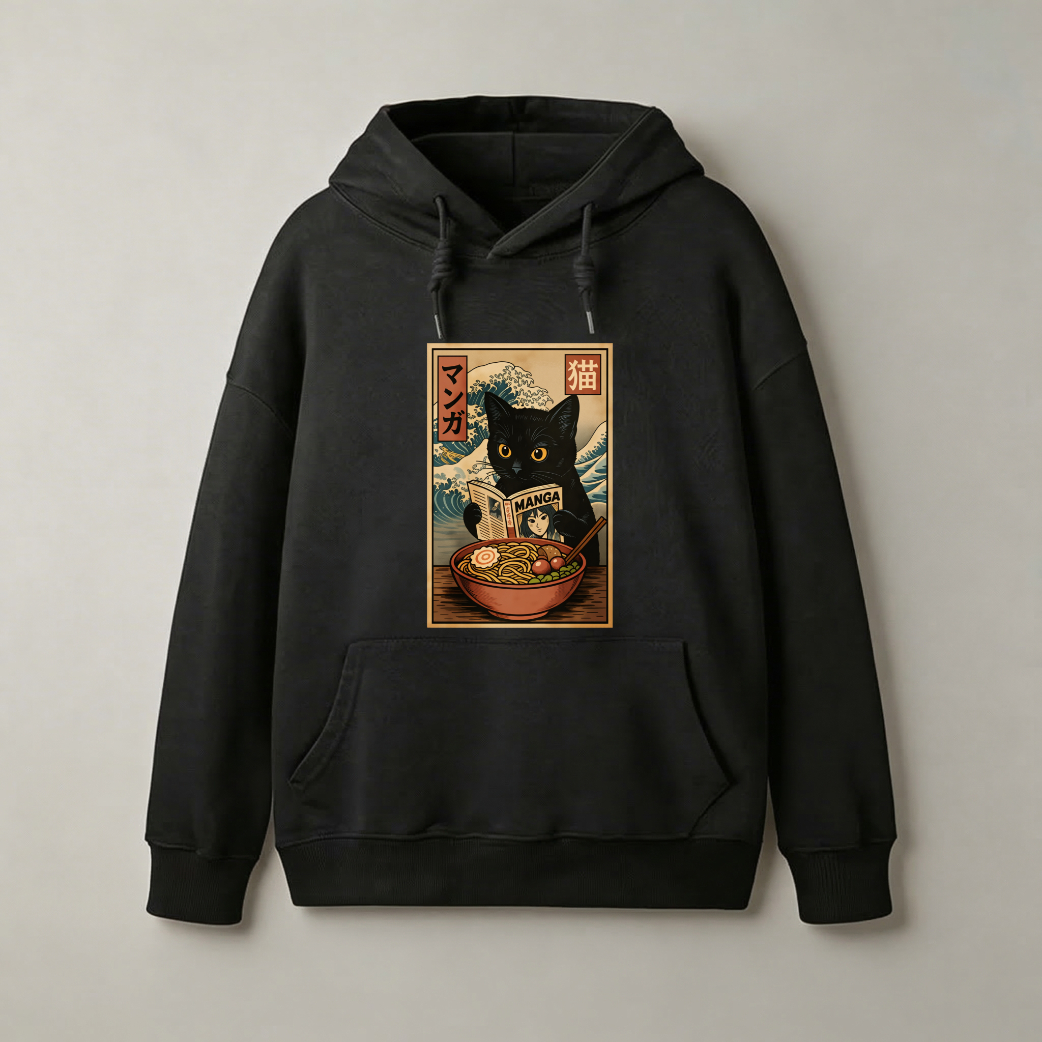 Black Cat Ramen Japanese Art Hoodie With Wave Design And Cat Holding Bowl Of Noodles