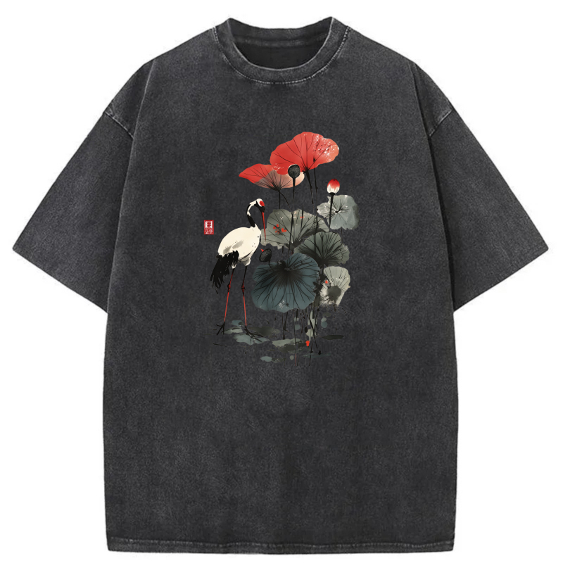 Crane Lotus Red Flower Art Print tshirt 100% cotton