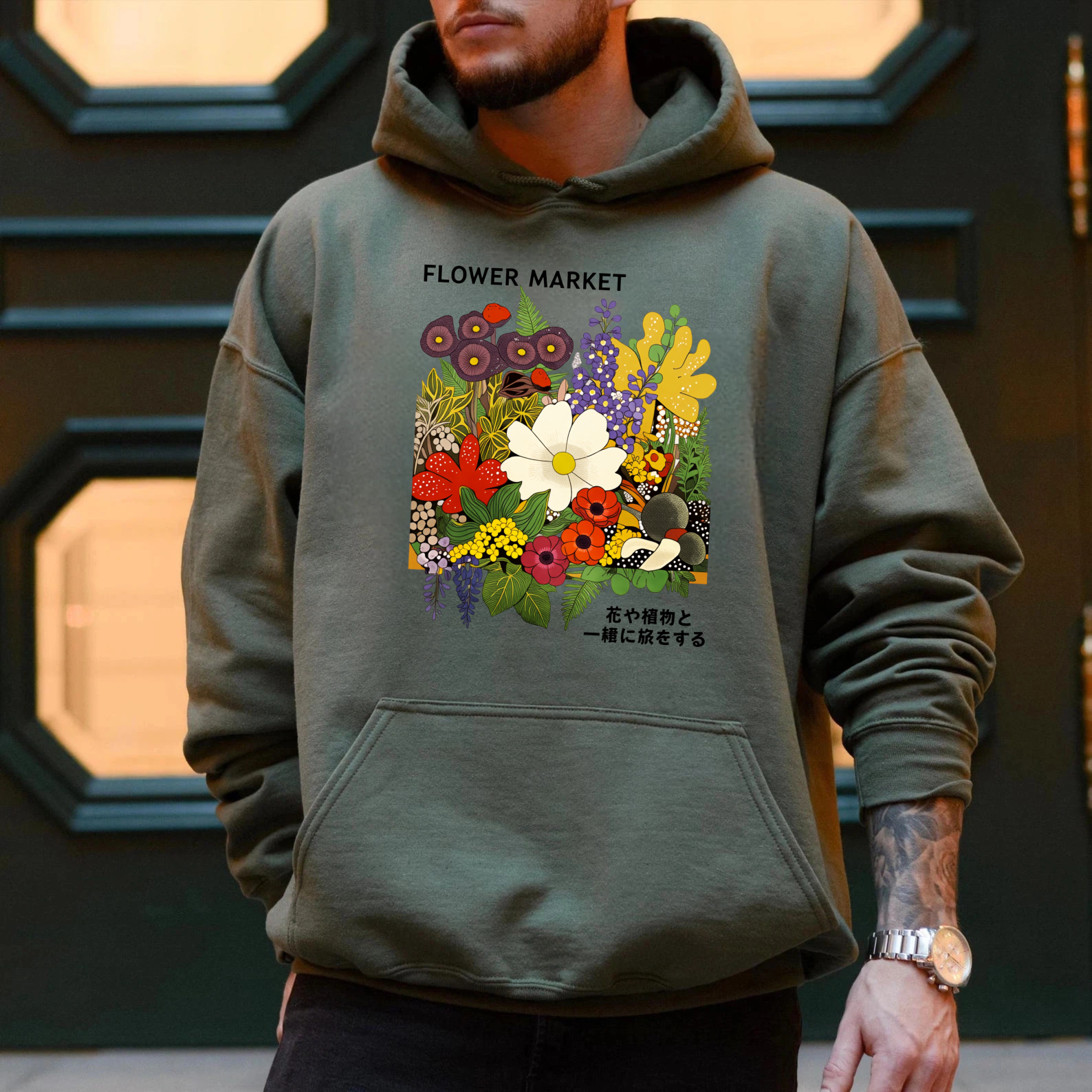 Flower Market Hoodie Floral Design Black Sweatshirt Unisex Casual Wear