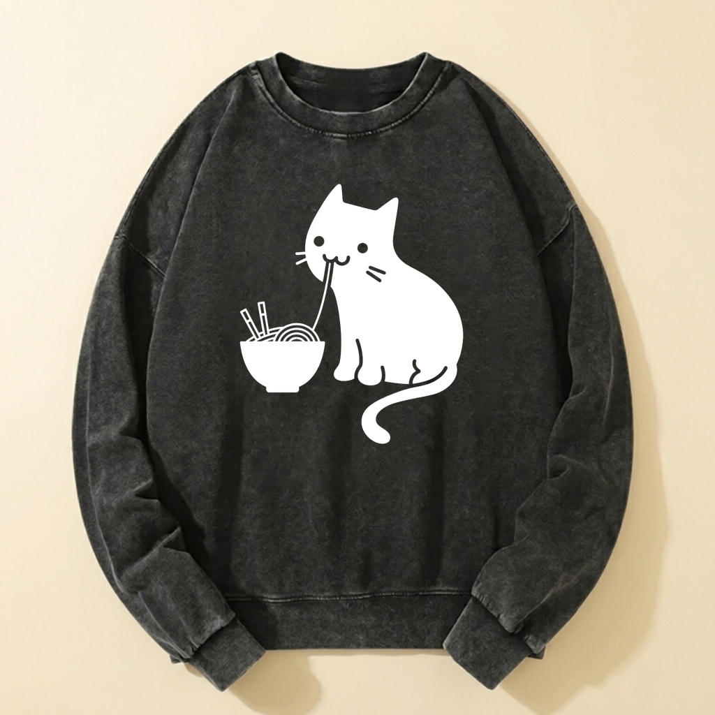 Cute Cat Eating Noodles Sweatshirt Unisex Casual Long Sleeve Pullover Top