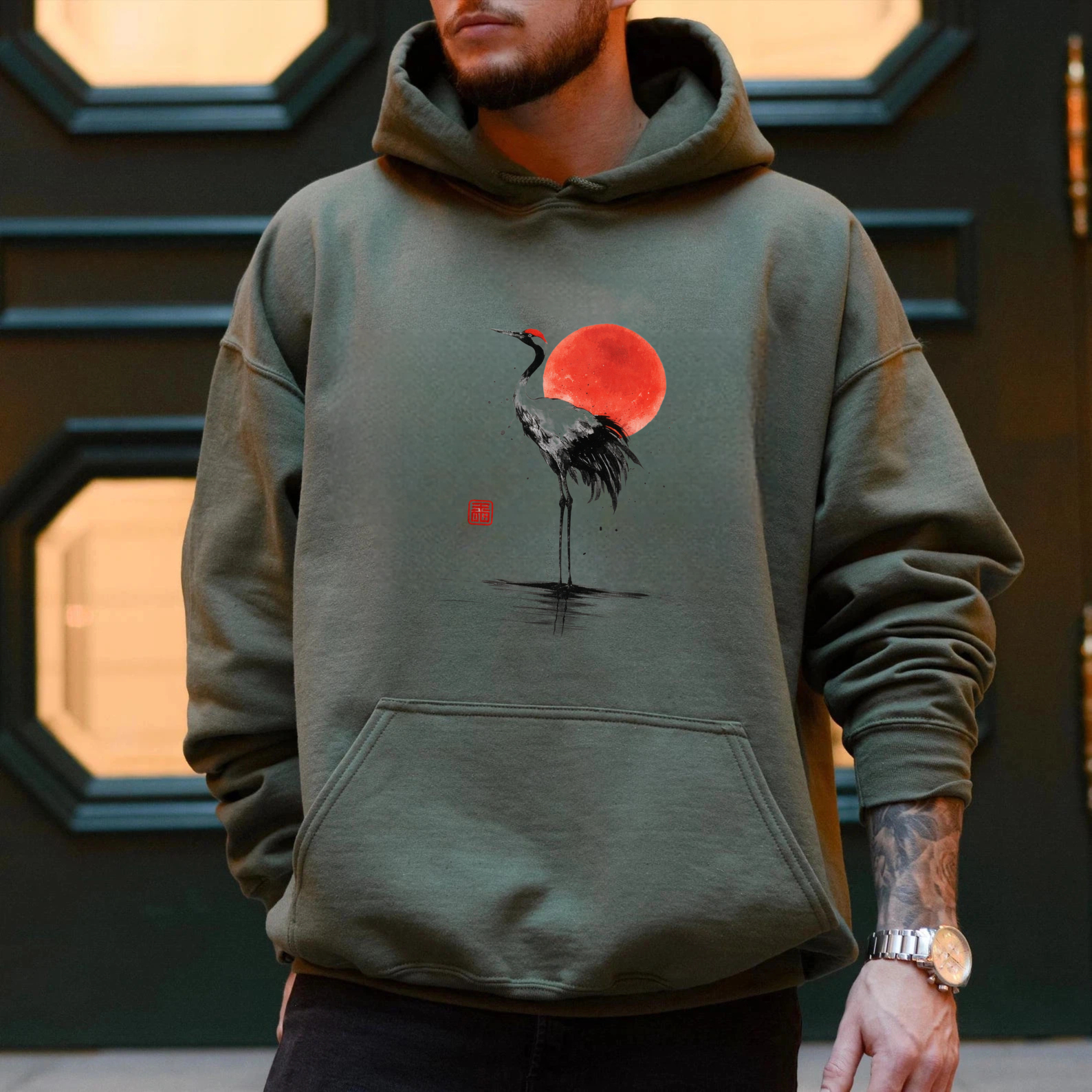 Black Hoodie With Red Sun And Crane Design Artistic Print Sweatshirt For Men And Women