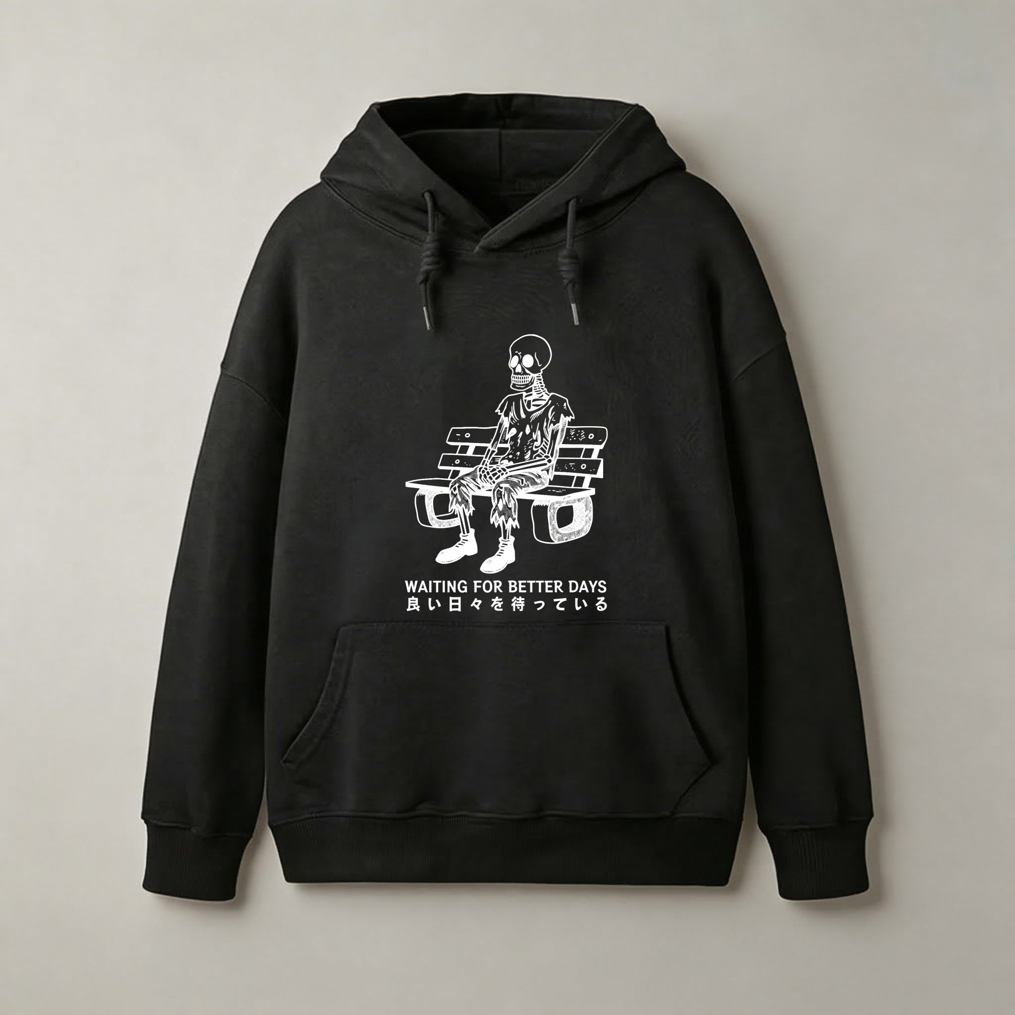 Waiting For Better Days Skeleton Hoodie Black Sweatshirt With Japanese Text And Graphic Design