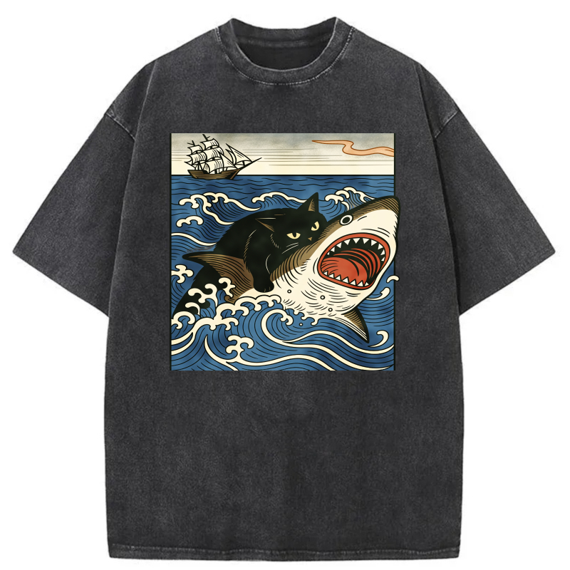 Cat Shark Waves Ship Sky Ocean Art Print tshirt 100% cotton