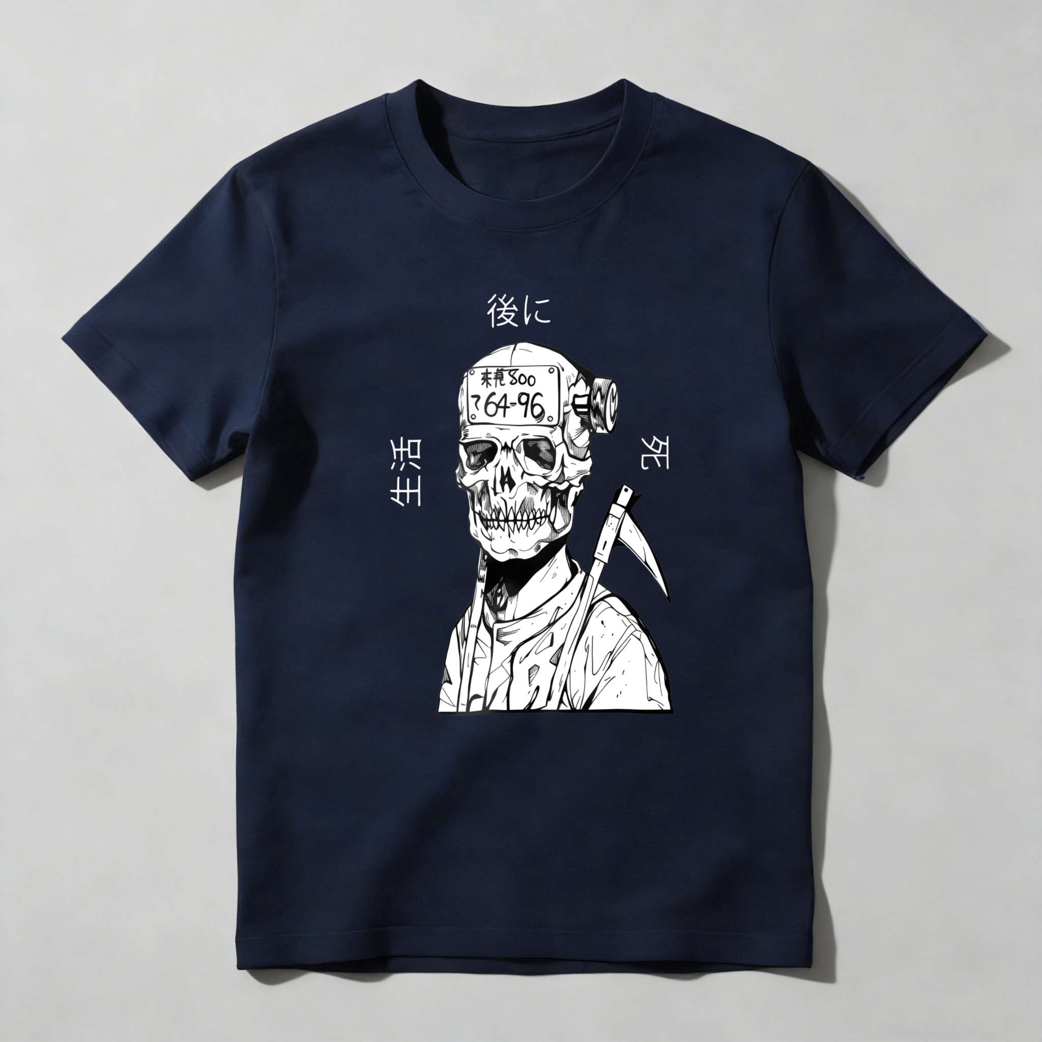 Skull With Scythe And Japanese Text tshirt 100% cotton