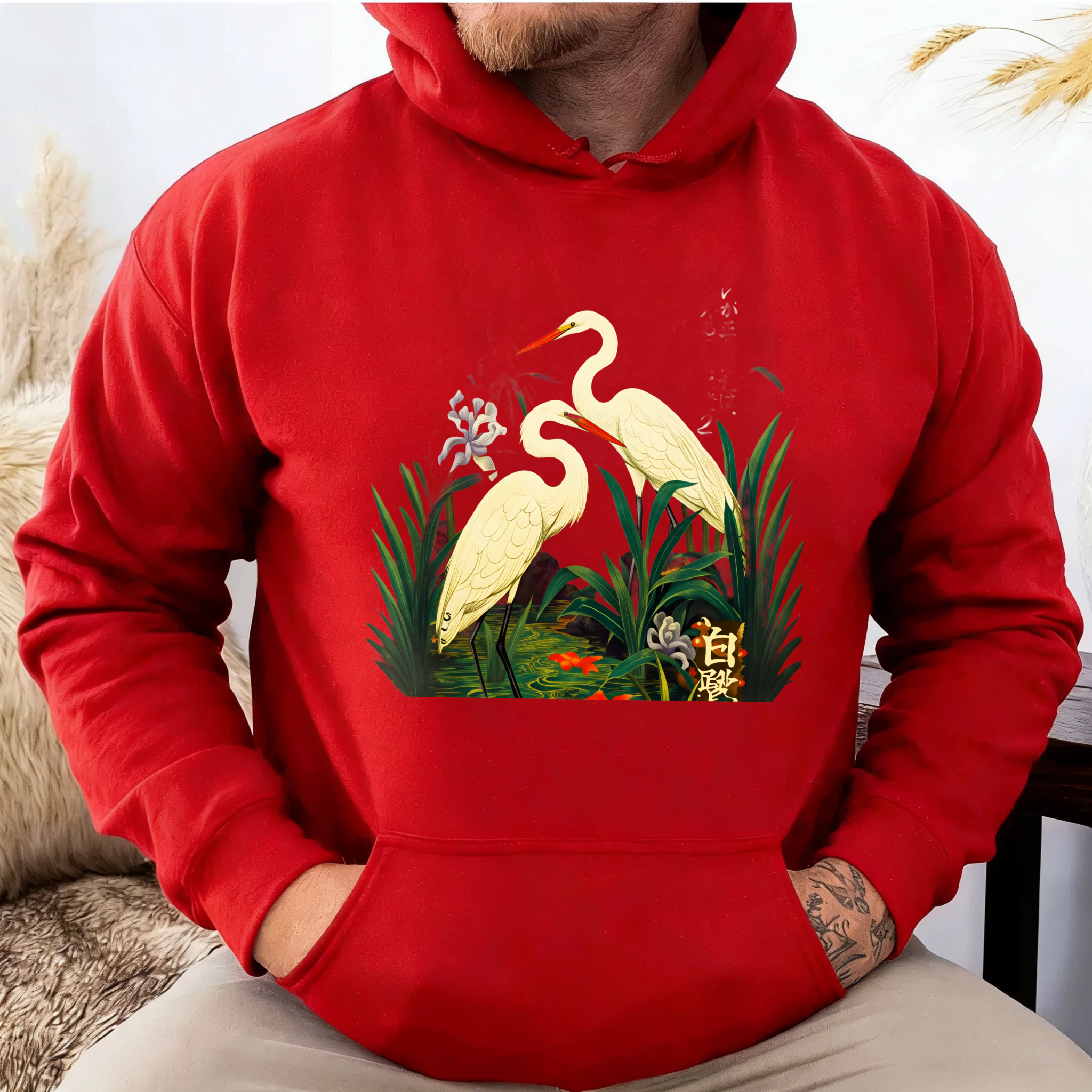 Black Hoodie With Crane And Floral Design Nature Inspired Art Print Sweatshirt