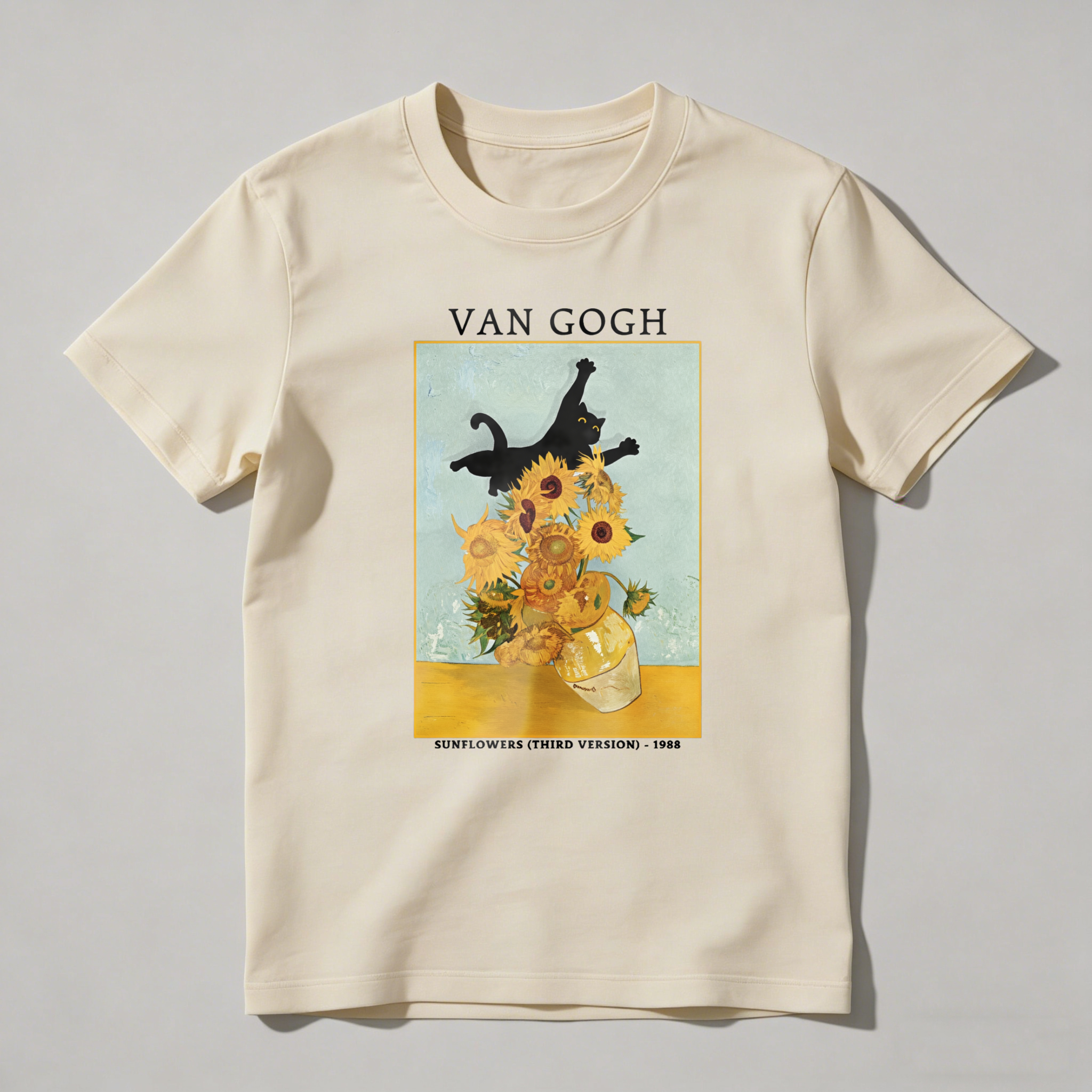 Cat Sunflowers Vase Art Painting Still Life tshirt 100% cotton