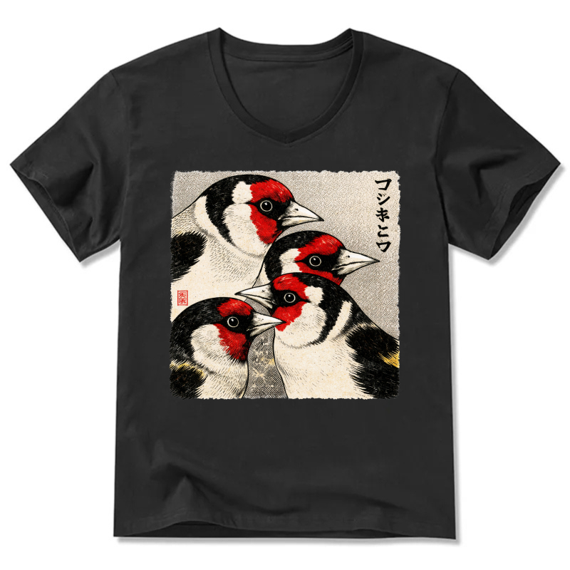 Japanese Style Goldfinch Bird Art T Shirt Men Women Black V Neck Casual Wear
