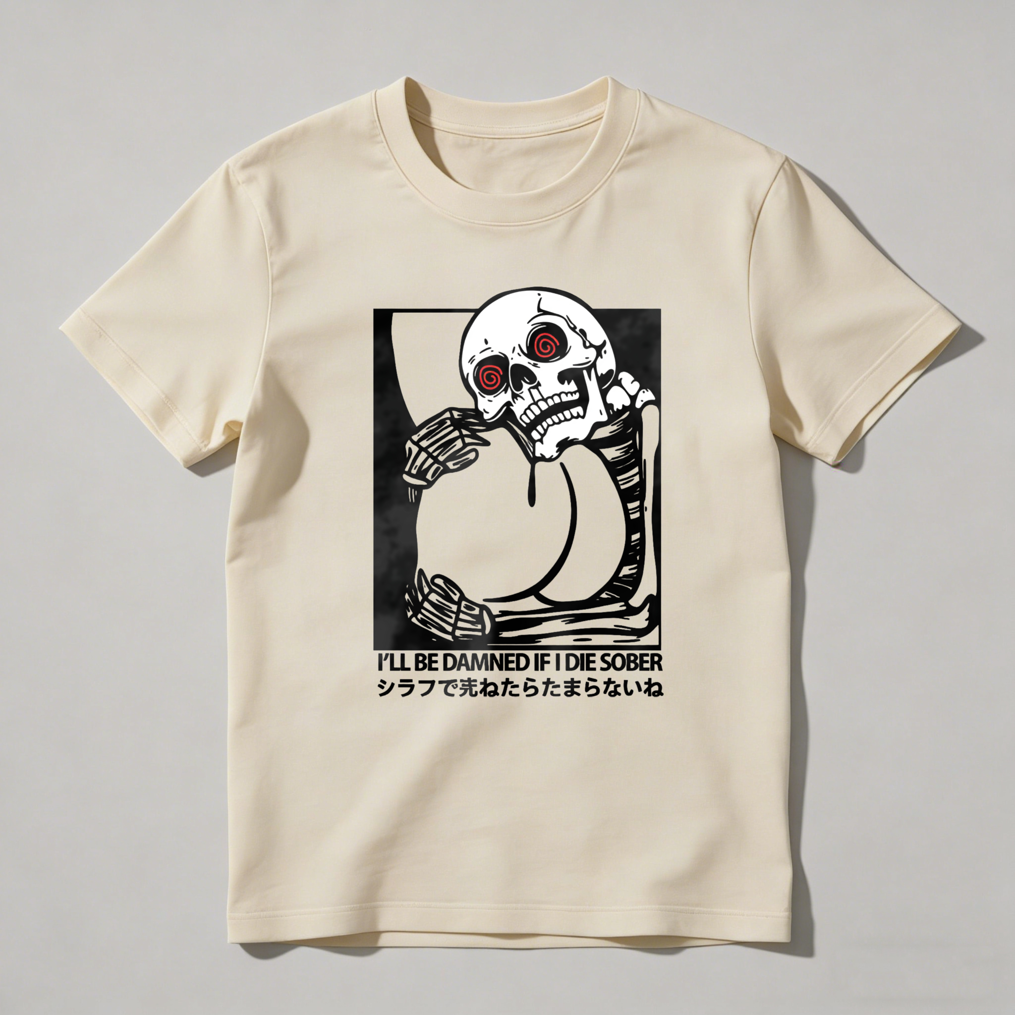 Skeleton Holding Glass With Red Eyes tshirt 100% cotton