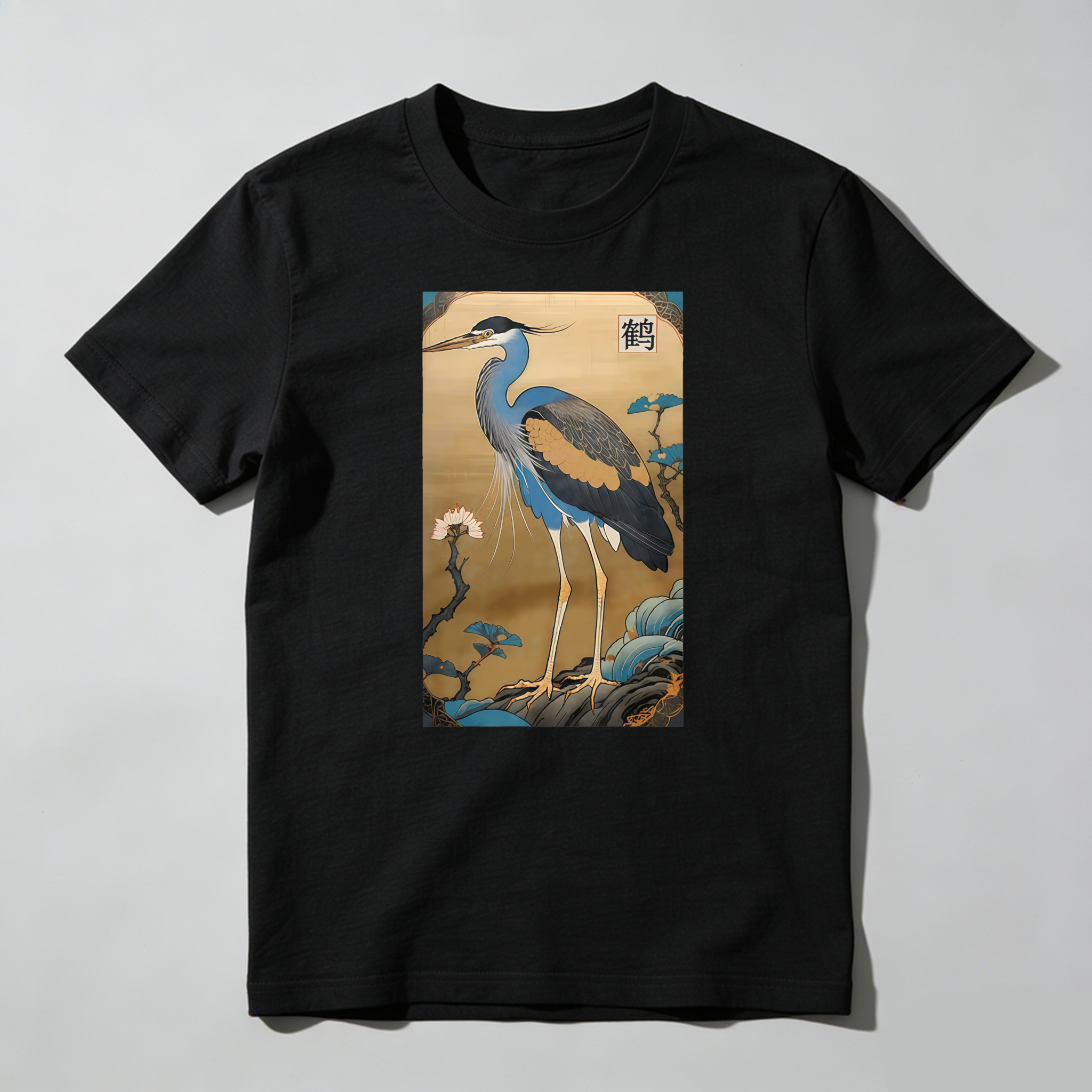 Blue Heron Standing On Rock With Cherry Blossom tshirt 100% cotton