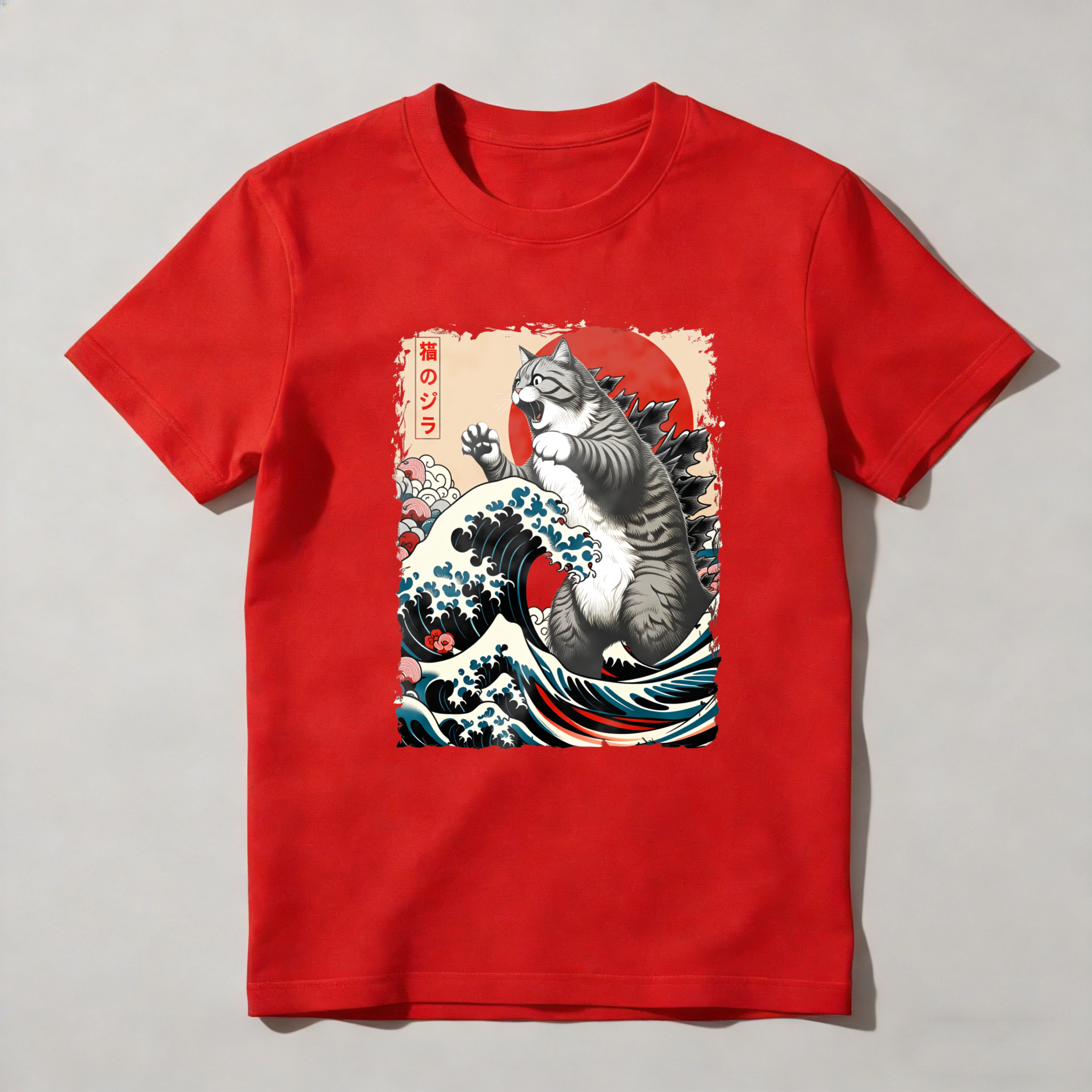 Cat Wave Sunset Mountains Cherry Blossoms tshirt 100% cotton