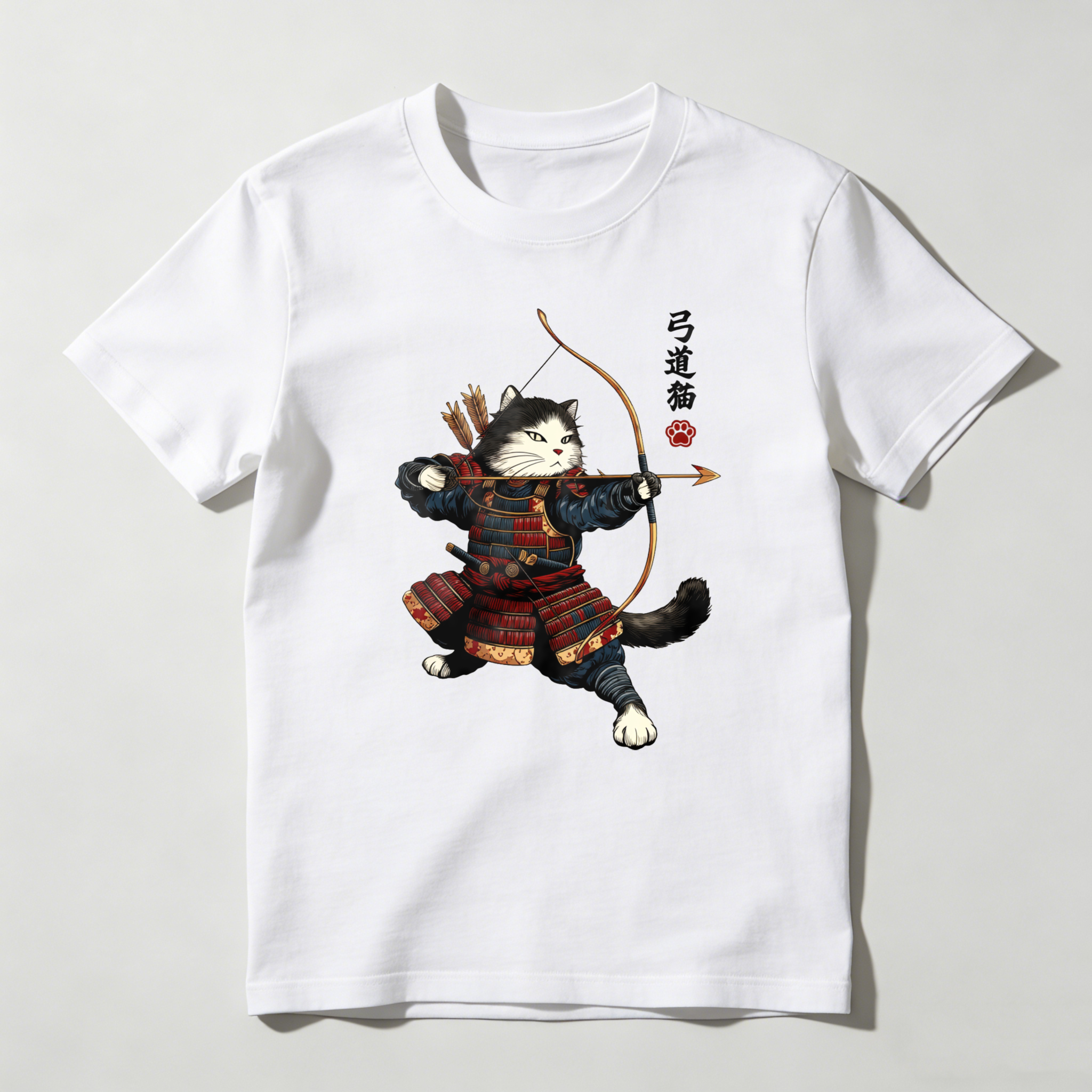 Cat Samurai Archery Warrior Design tshirt 100% cotton