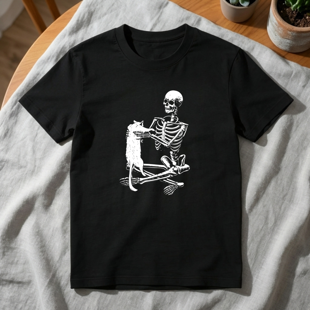 Skeleton Holding Cat With Bones tshirt 100% cotton