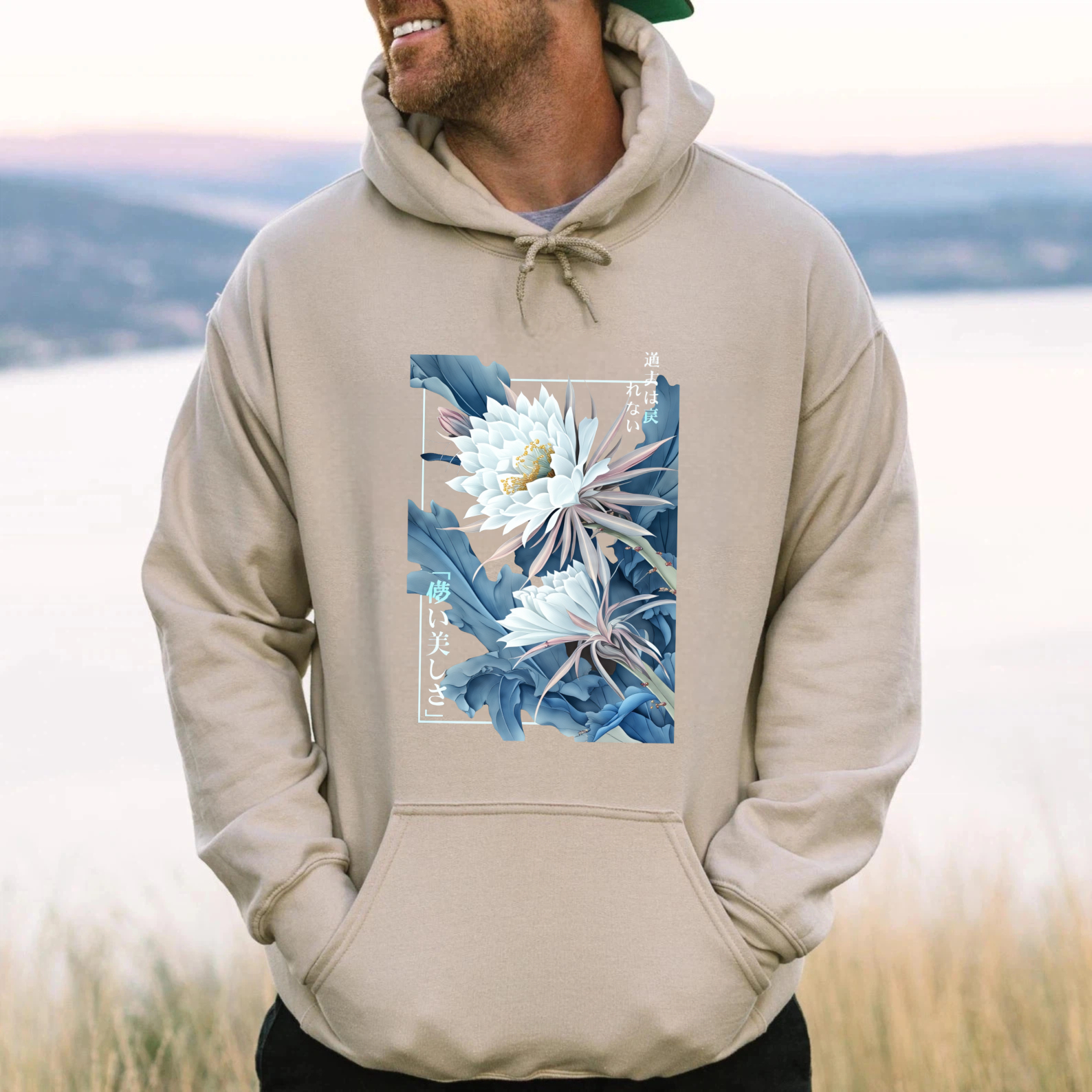 Flower Art Design Hoodie With Japanese Text And Cactus Blossom Print Unisex Sweatshirt Black