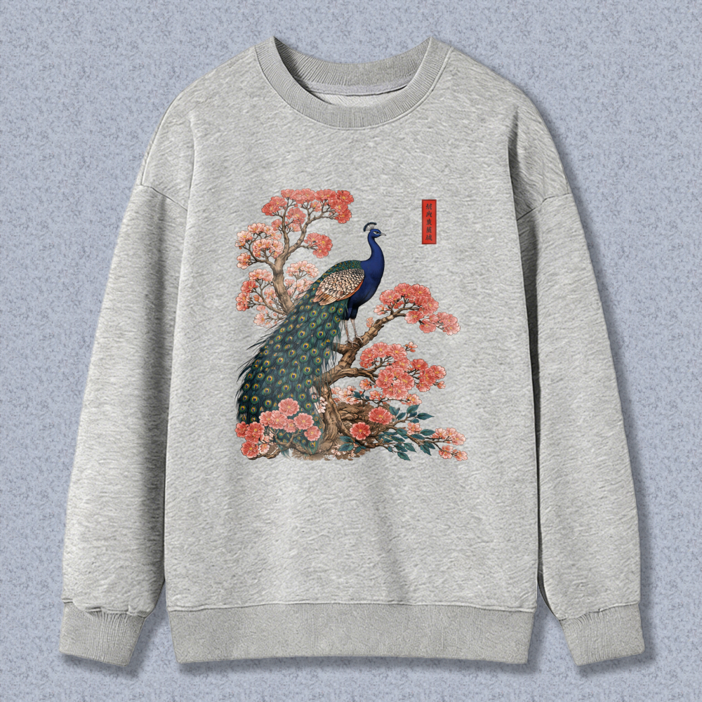 Peacock And Cherry Blossom Art Sweatshirt Unisex Crewneck Pullover Fashion Casual Top