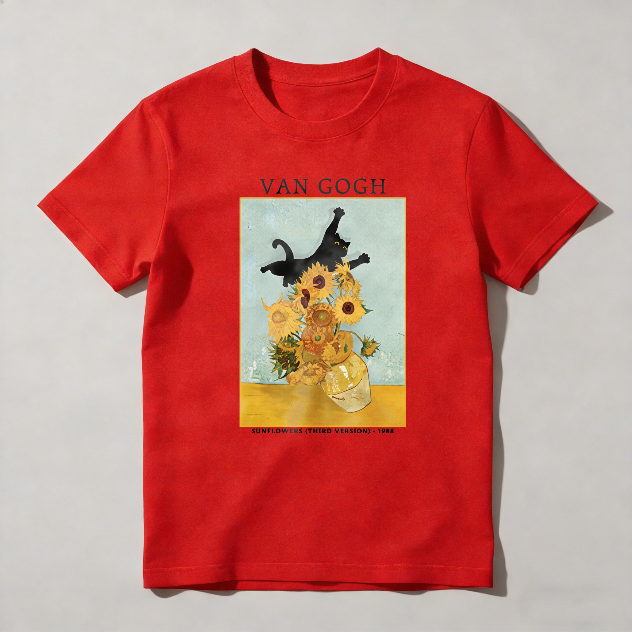 Cat Sunflowers Vase Art Painting Still Life tshirt 100% cotton
