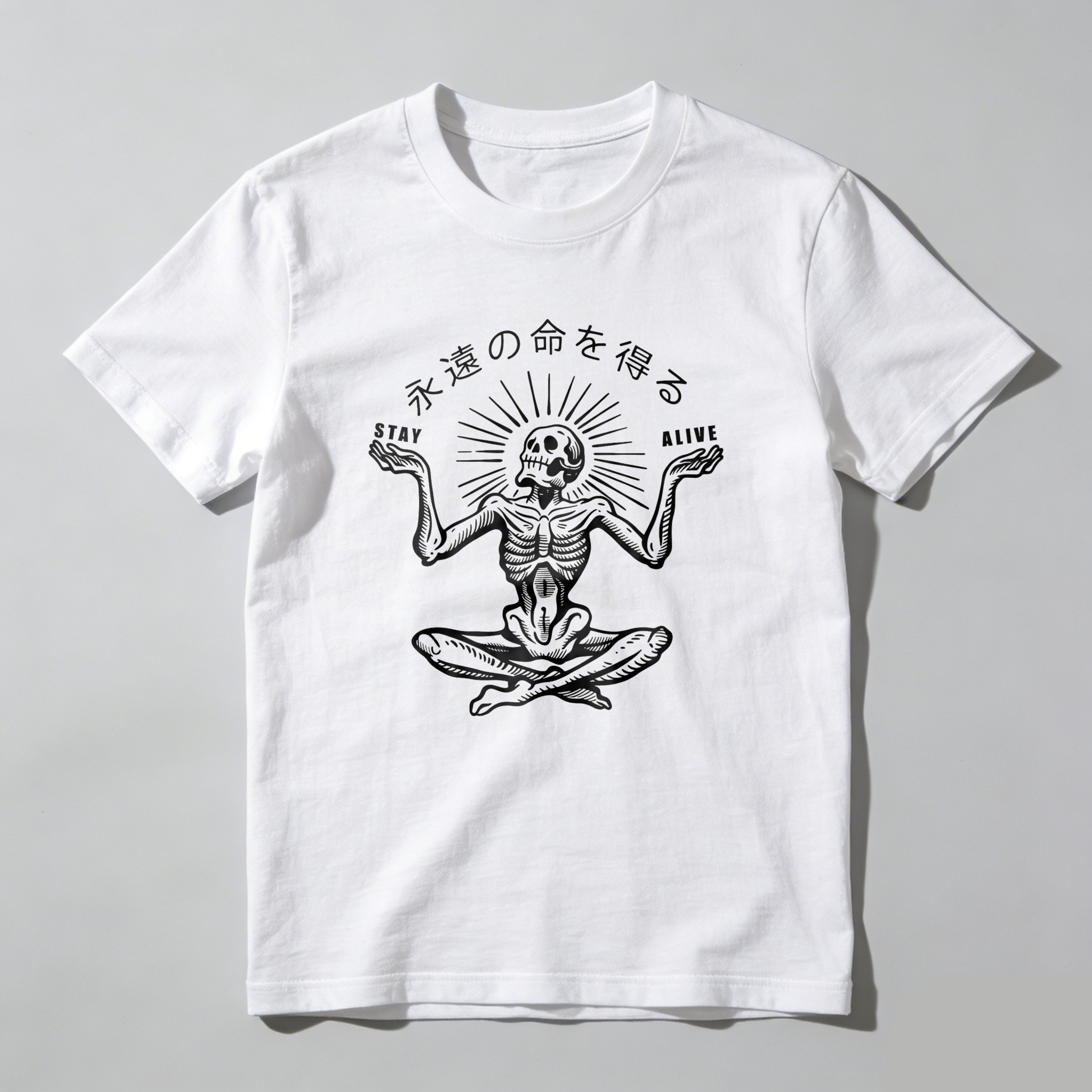 Skeleton Meditating With Sunburst And Text tshirt 100% cotton