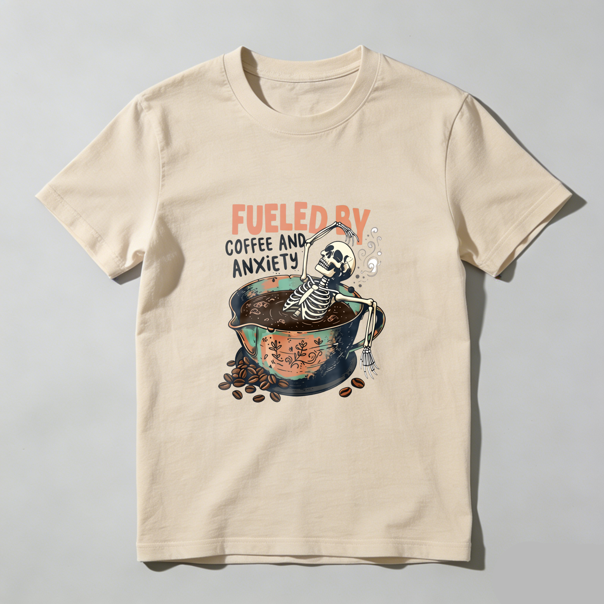 Fueled By Coffee Skeleton Design tshirt 100% cotton