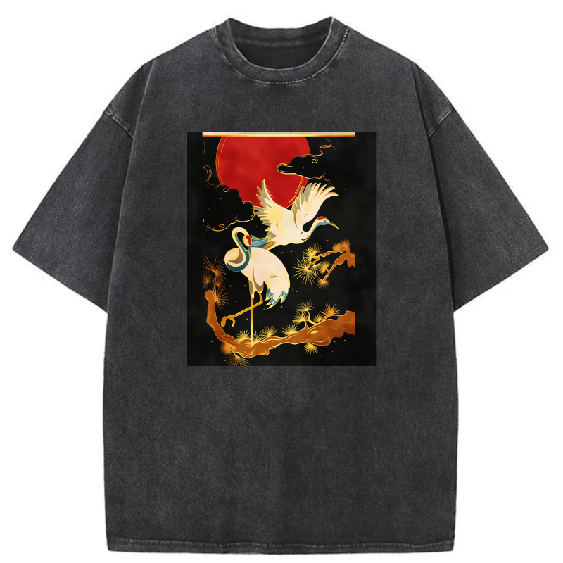 White Crane Flying Over Red Moon tshirt 100% cotton