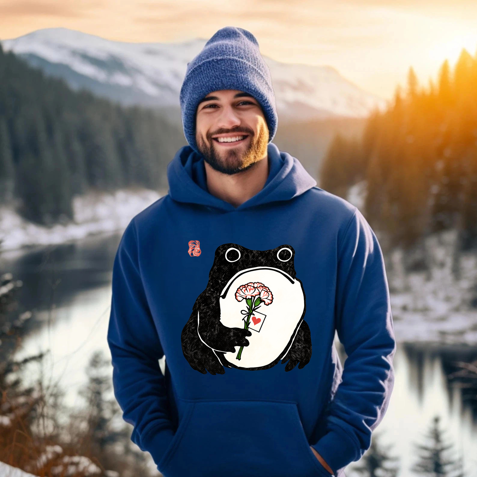 Frog Holding Rose Hoodie Black Cute Animal Design For Women And Men Unisex Sweatshirt With Pocket