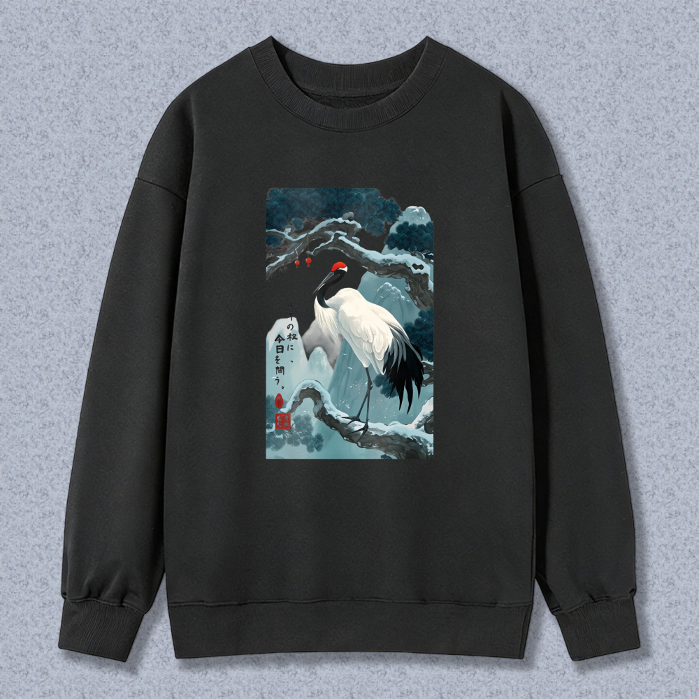 Crane Standing On Snowy Branch Unisex Crewneck Classic Sweatshirt